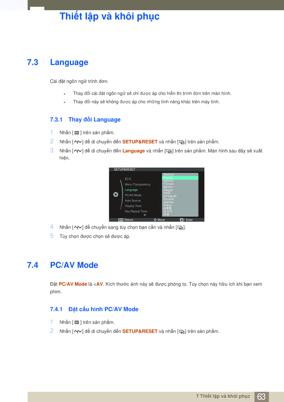 Samsung LS27A950DS/XV, LS27A950DS/ZA manual Thay đổi Language, 1 Đặt cấu hình PC/AV Mode 