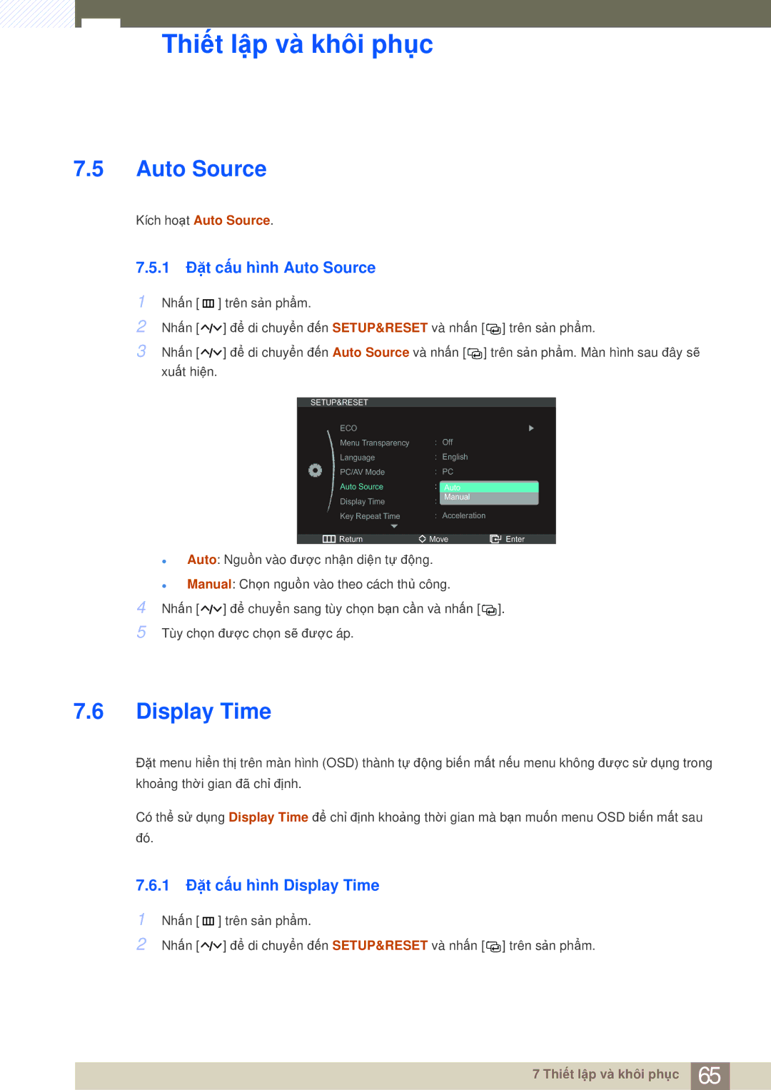 Samsung LS27A950DS/XV, LS27A950DS/ZA manual 1 Đặt cấu hình Auto Source, 1 Đặt cấu hình Display Time 