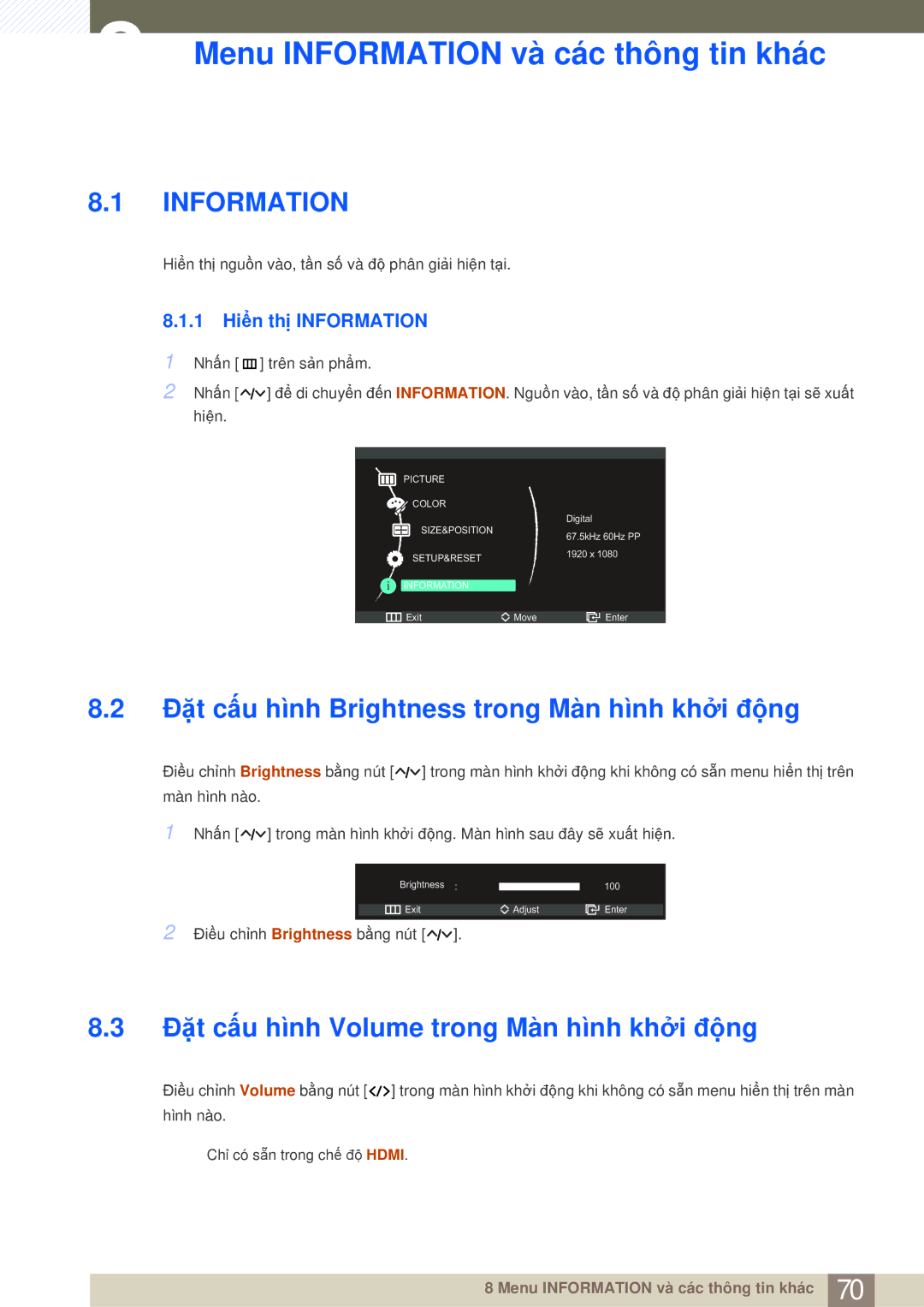 Samsung LS27A950DS/ZA manual Menu Information và các thông tin khác, Đặt cấu hình Brightness trong Màn hình khởi động 