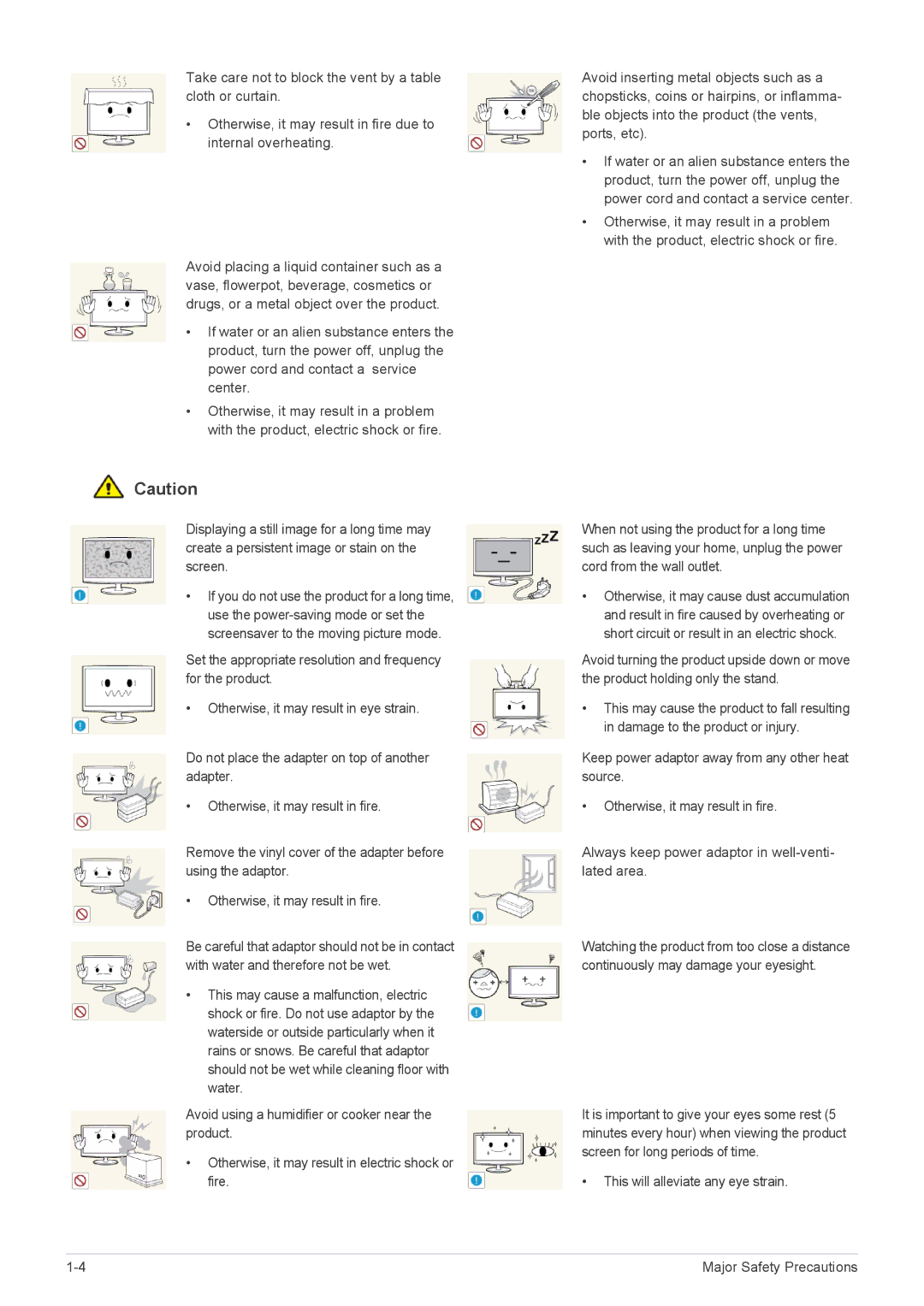 Samsung LS22B370HSJ/ZN, LS27B370HS/EN, LS24B370HS/EN, LS22B370BS/EN, LS23B370BS/EN, LS22B370HS/SM Major Safety Precautions 