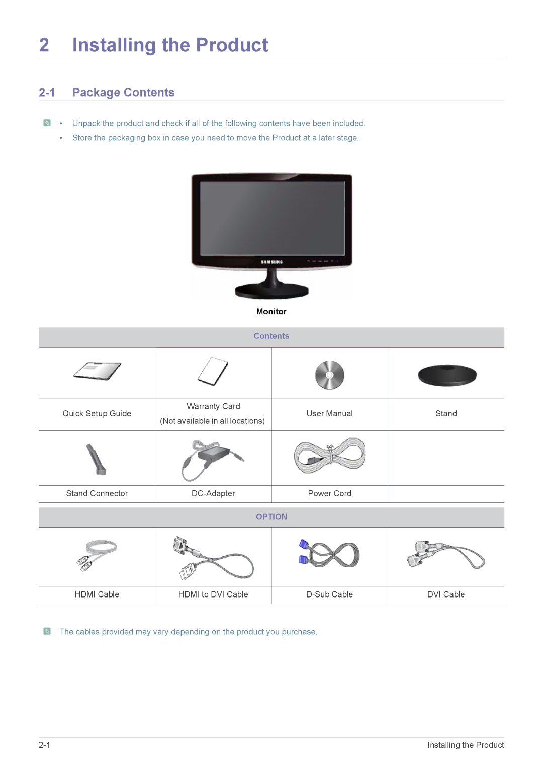 Samsung LS22B370BS/XM, LS27B370HS/EN, LS24B370HS/EN, LS22B370BS/EN, LS23B370BS/EN Installing the Product, Package Contents 