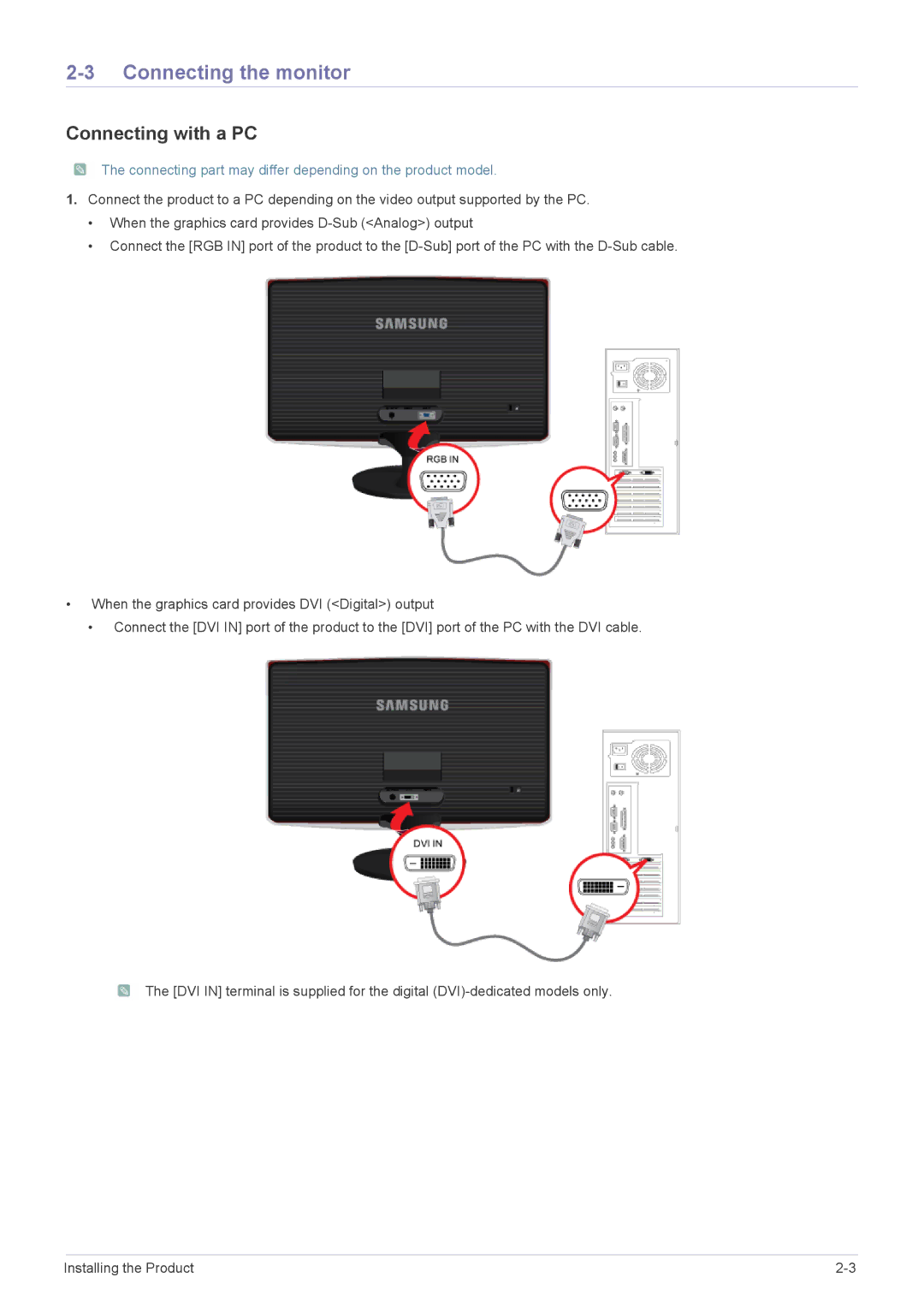 Samsung LS20B370BSMXV, LS27B370HS/EN, LS24B370HS/EN, LS22B370BS/EN manual Connecting the monitor, Connecting with a PC 