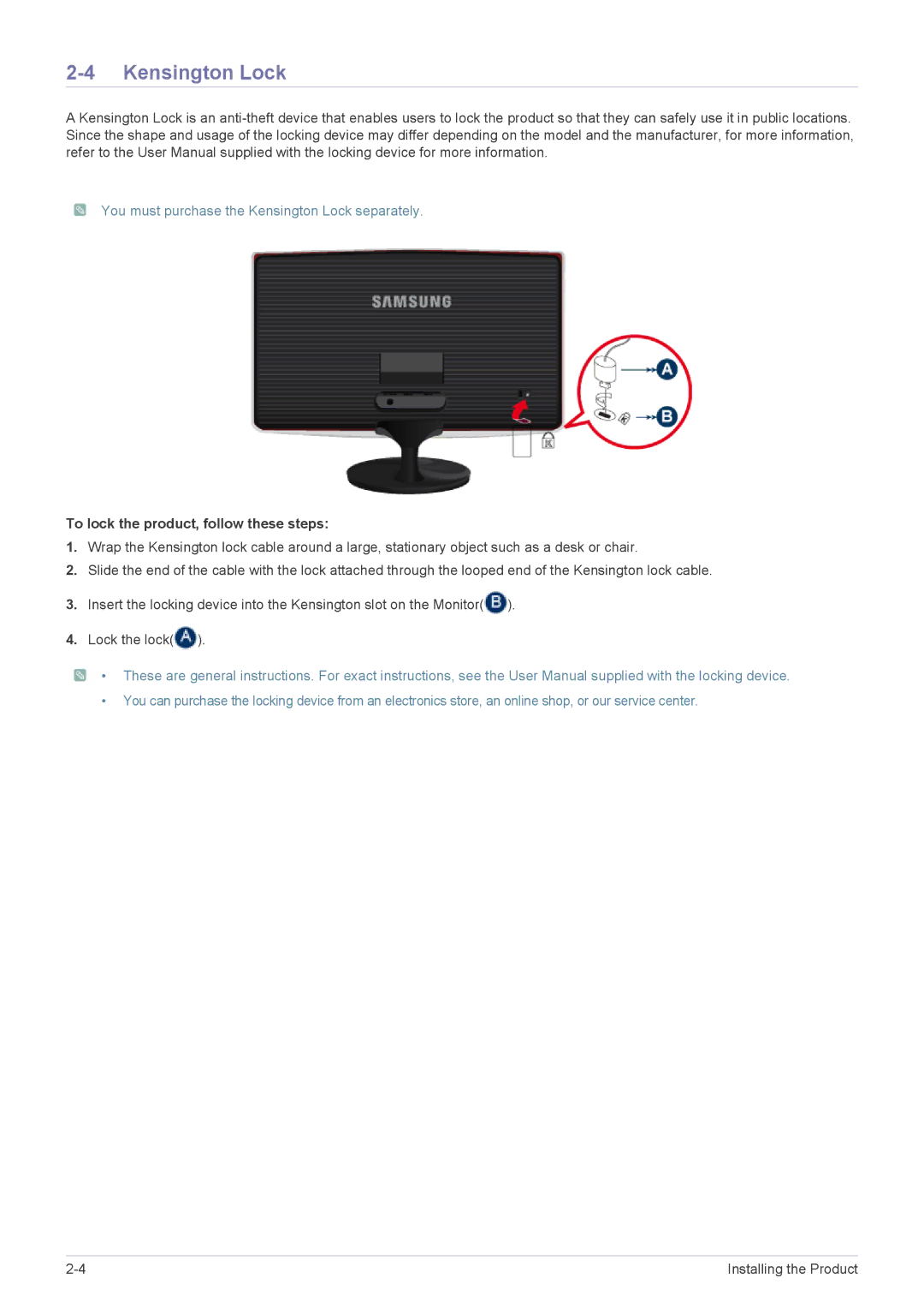 Samsung LS20B370NS/CI, LS27B370HS/EN, LS24B370HS/EN, LS22B370BS/EN Kensington Lock, To lock the product, follow these steps 