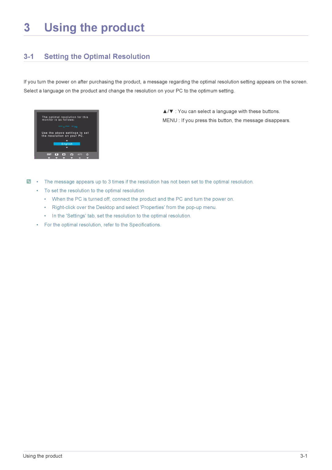 Samsung LS24B370HS/CI, LS27B370HS/EN, LS24B370HS/EN, LS22B370BS/EN manual Using the product, Setting the Optimal Resolution 