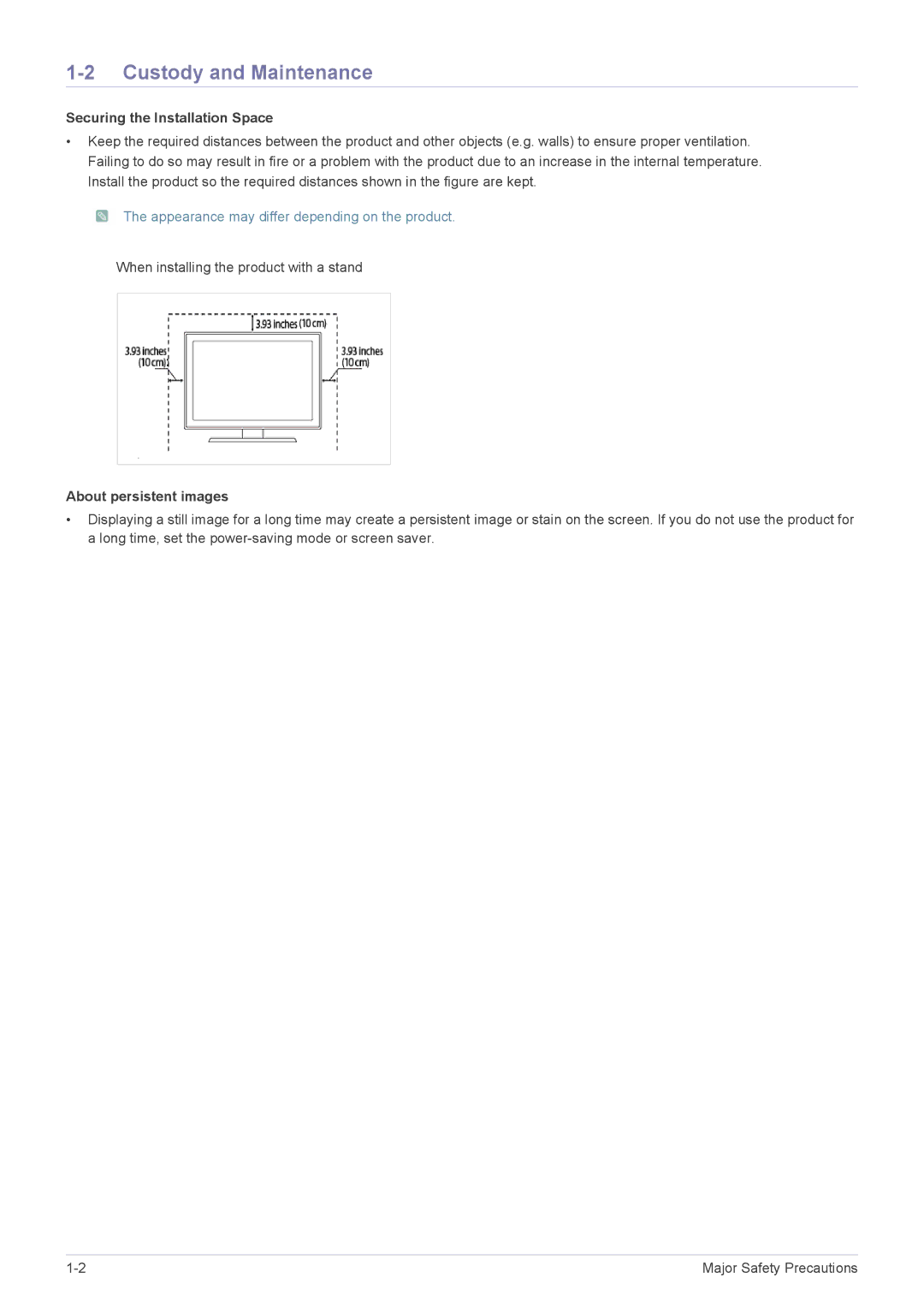 Samsung LS23B370HSJ/ZN, LS27B370HS/EN, LS24B370HS/EN, LS22B370BS/EN Custody and Maintenance, Securing the Installation Space 