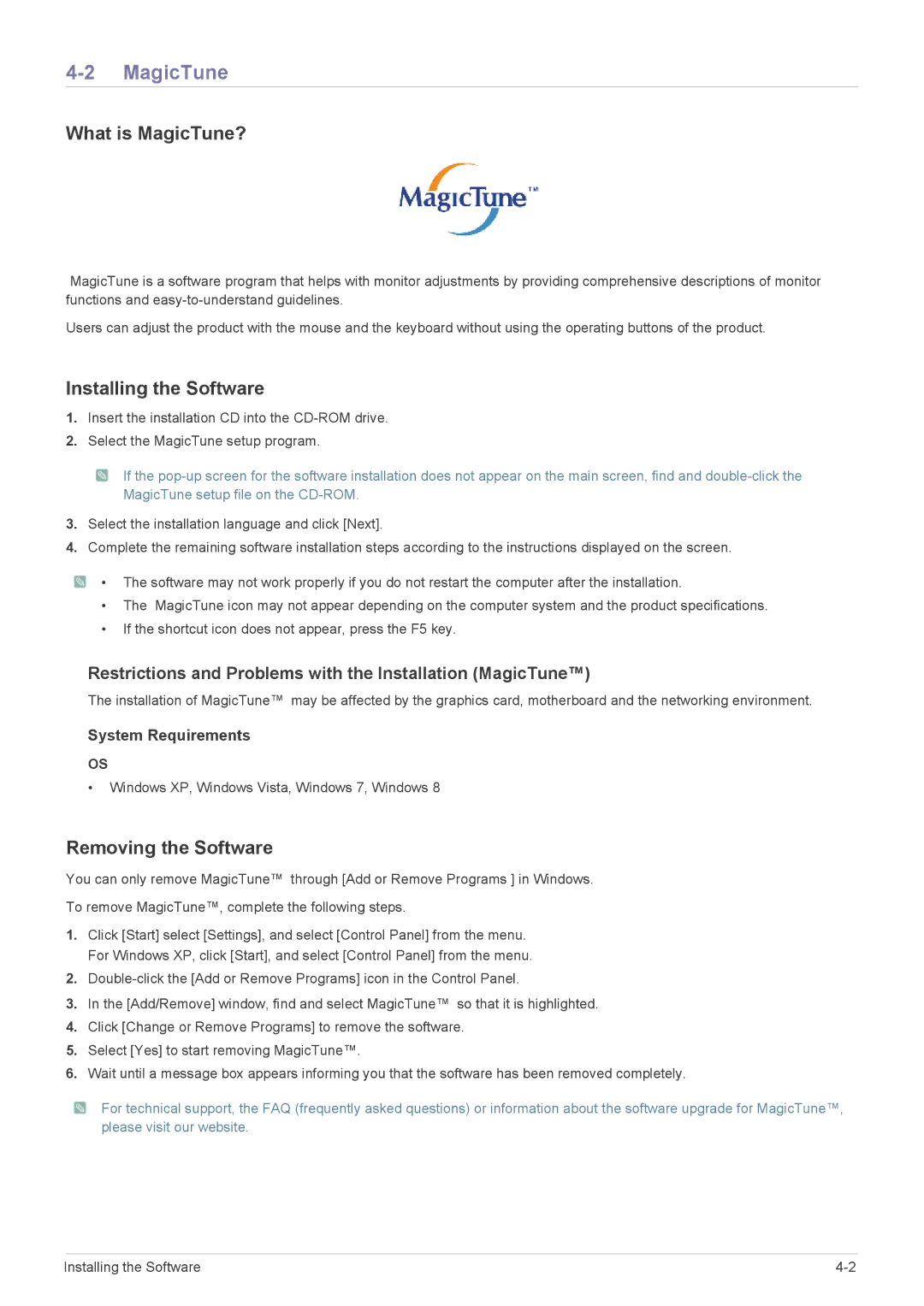 Samsung LS22B370HS/CI, LS27B370HS/EN, LS24B370HS/EN What is MagicTune?, Installing the Software, Removing the Software 