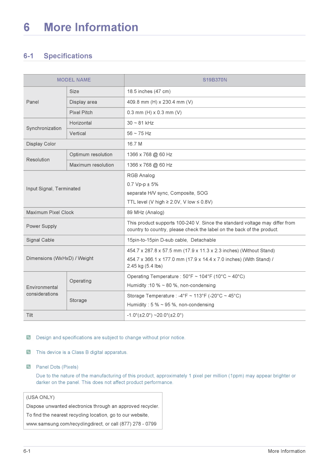 Samsung LS24B370HS/CH, LS27B370HS/EN, LS24B370HS/EN, LS22B370BS/EN, LS23B370BS/EN manual Specifications, Model Name, S19B370N 