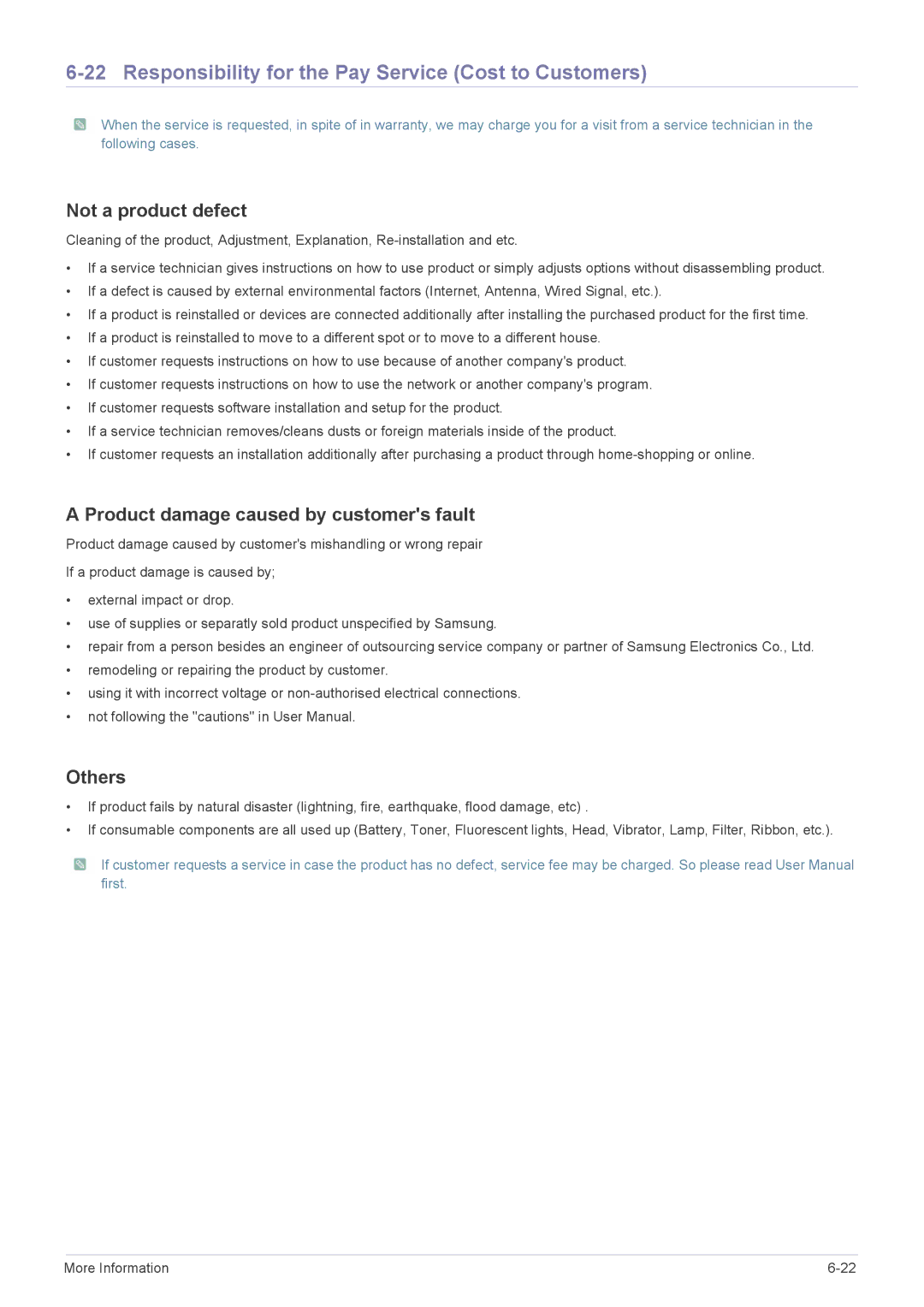 Samsung LS19B370BS/CI, LS27B370HS/EN Responsibility for the Pay Service Cost to Customers, Not a product defect, Others 