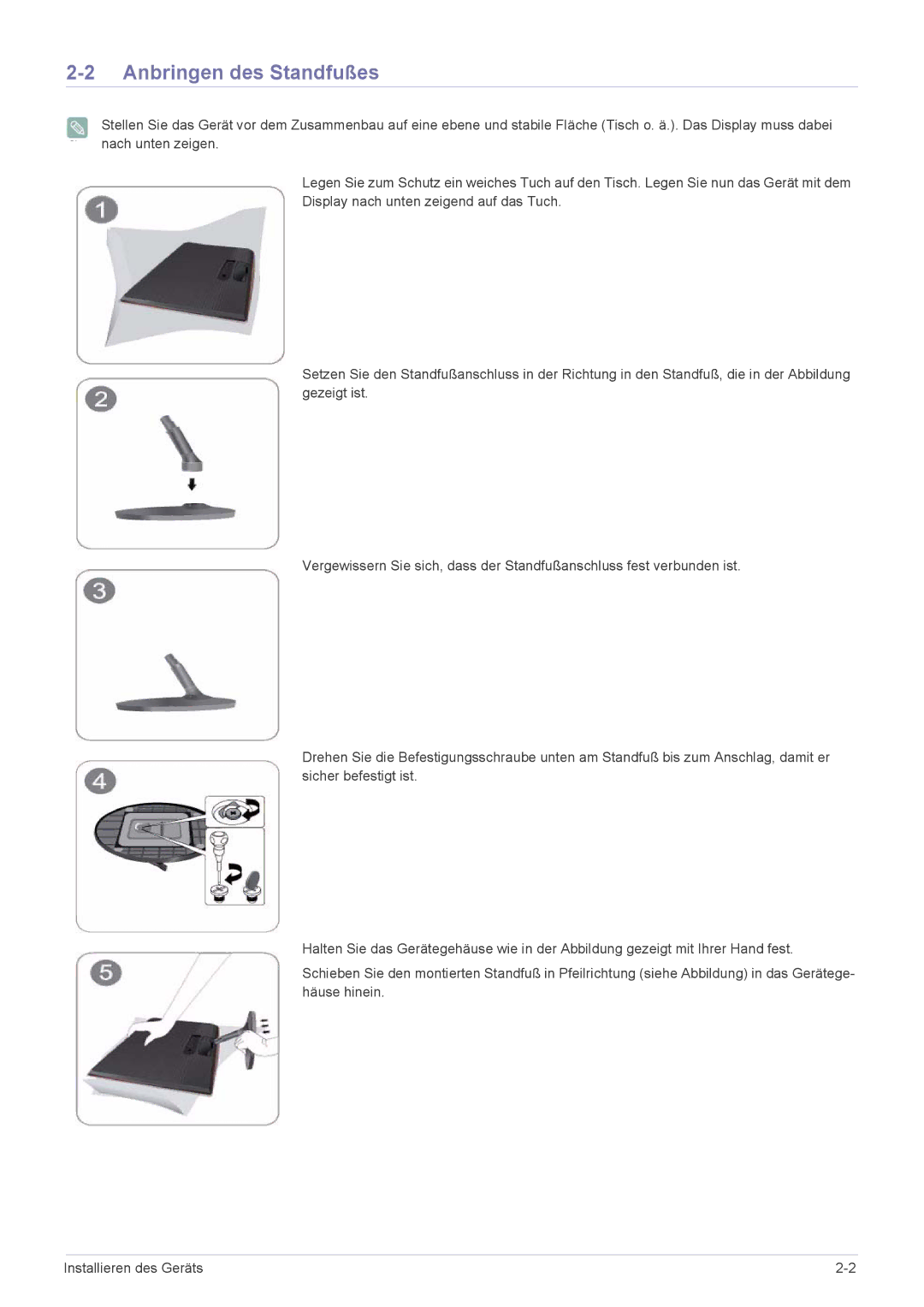 Samsung LS22B370BS/EN, LS27B370HS/EN, LS24B370HS/EN manual Anbringen des Standfußes 