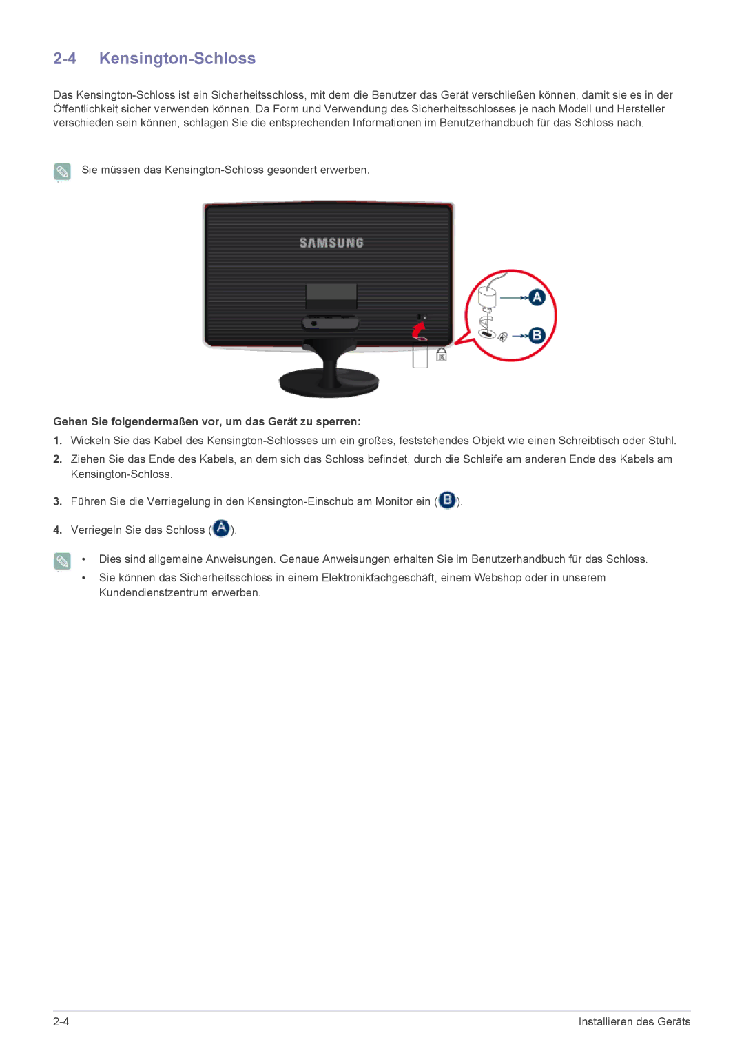 Samsung LS24B370HS/EN, LS27B370HS/EN manual Kensington-Schloss, Gehen Sie folgendermaßen vor, um das Gerät zu sperren 