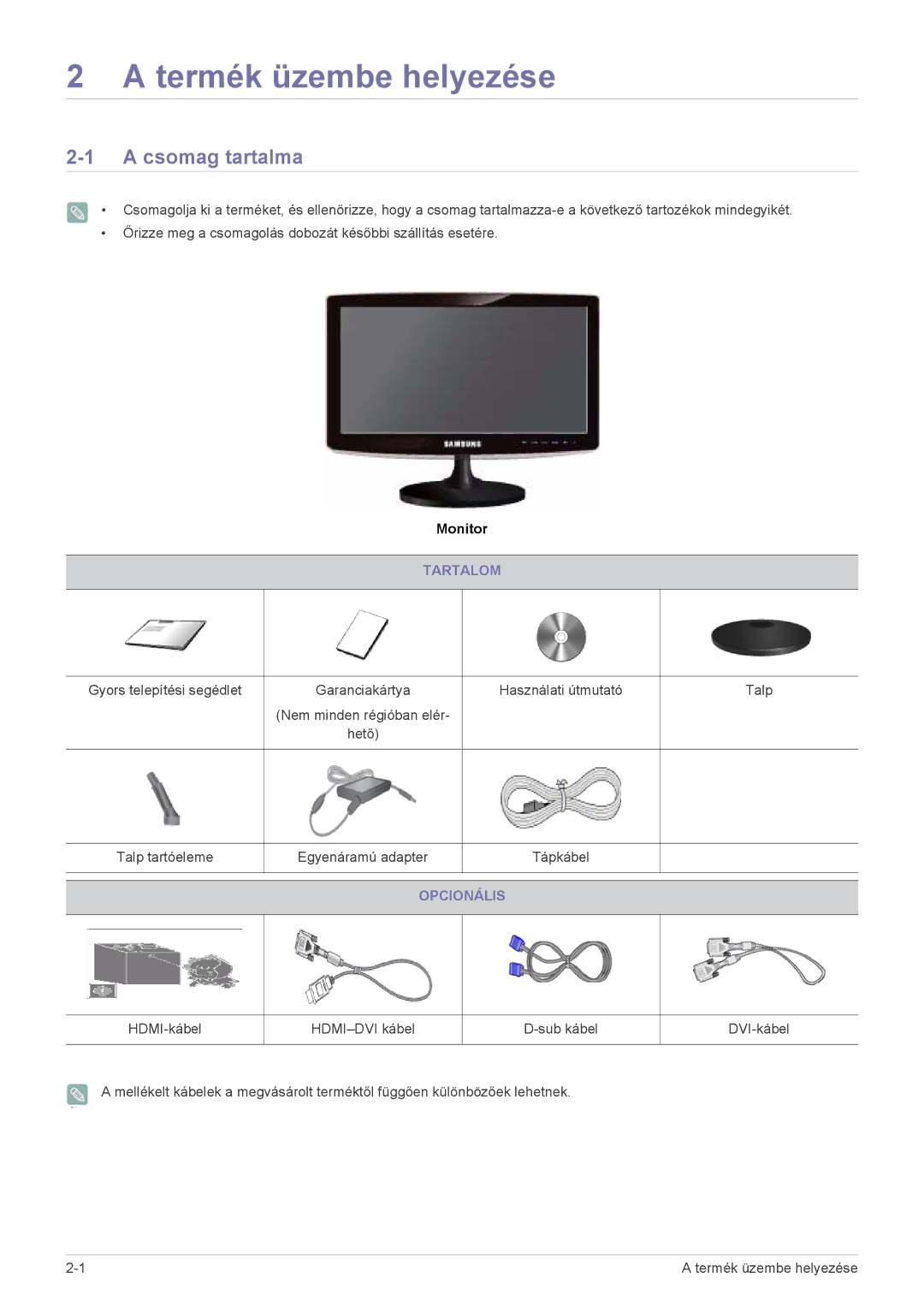 Samsung LS24B370HS/EN, LS27B370HS/EN, LS22B370BS/EN manual Csomag tartalma, Tartalom, Opcionális 