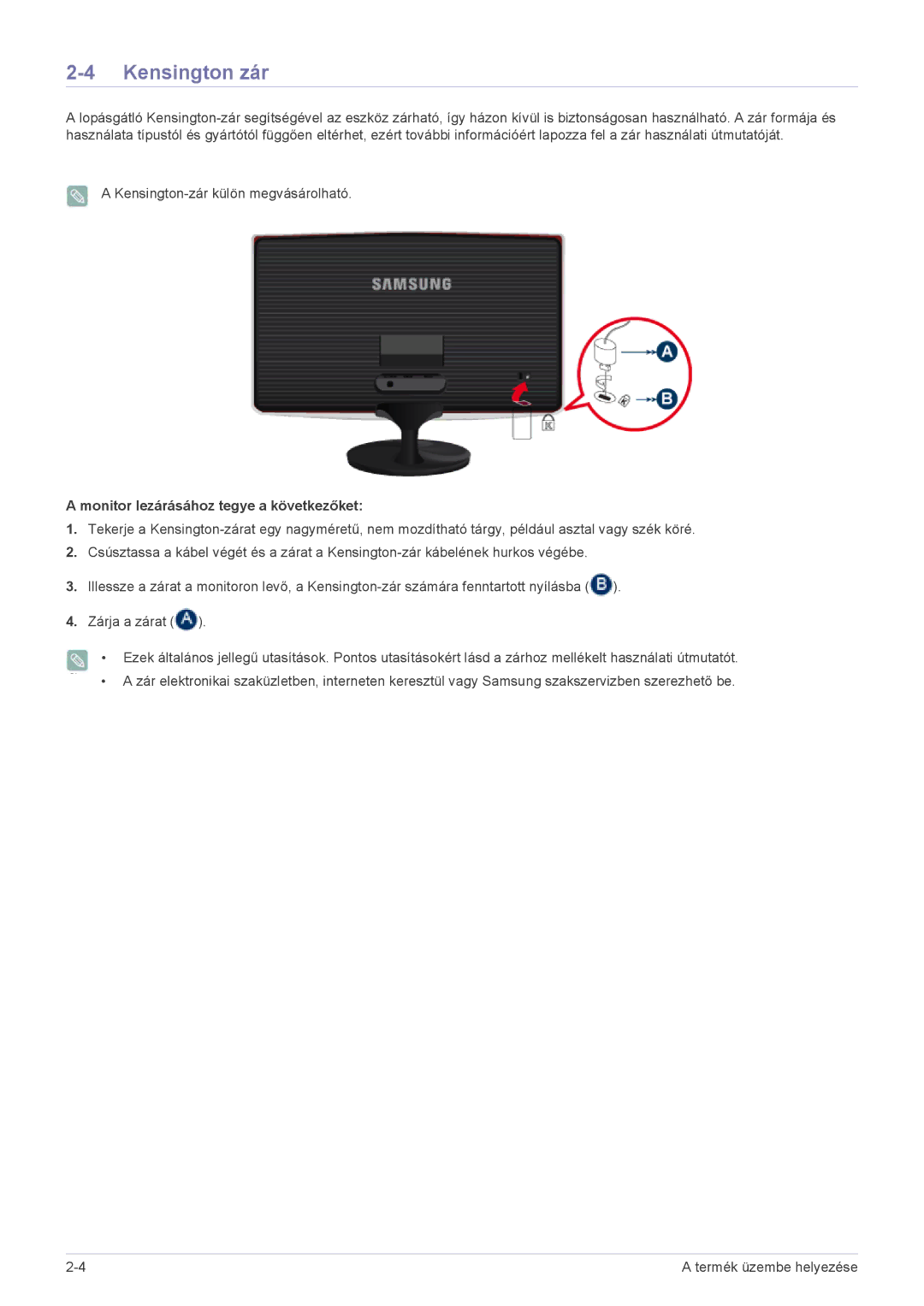 Samsung LS24B370HS/EN, LS27B370HS/EN, LS22B370BS/EN manual Kensington zár, Monitor lezárásához tegye a következőket 