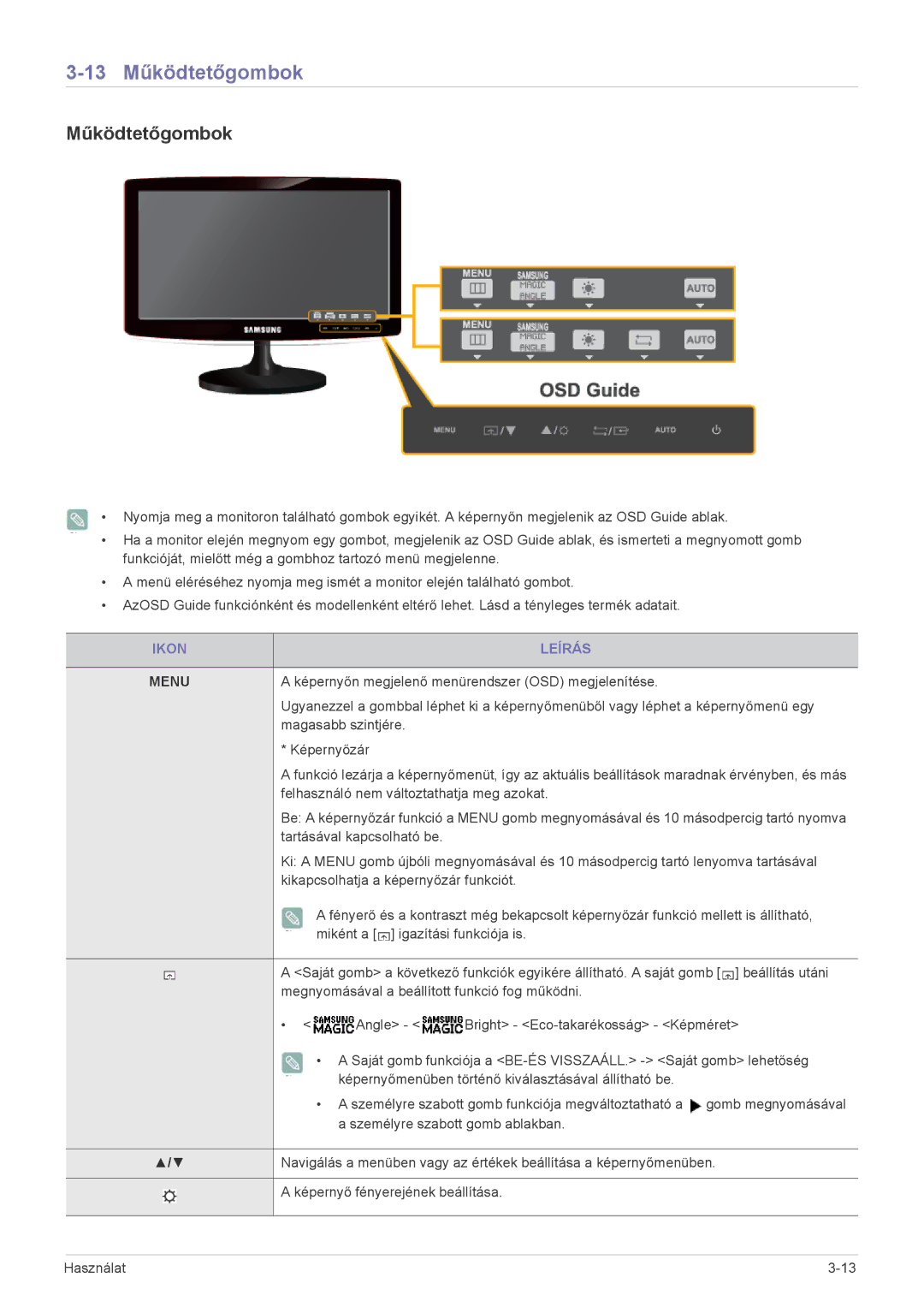 Samsung LS22B370BS/EN, LS27B370HS/EN, LS24B370HS/EN manual 13 Működtetőgombok, Ikon Leírás 