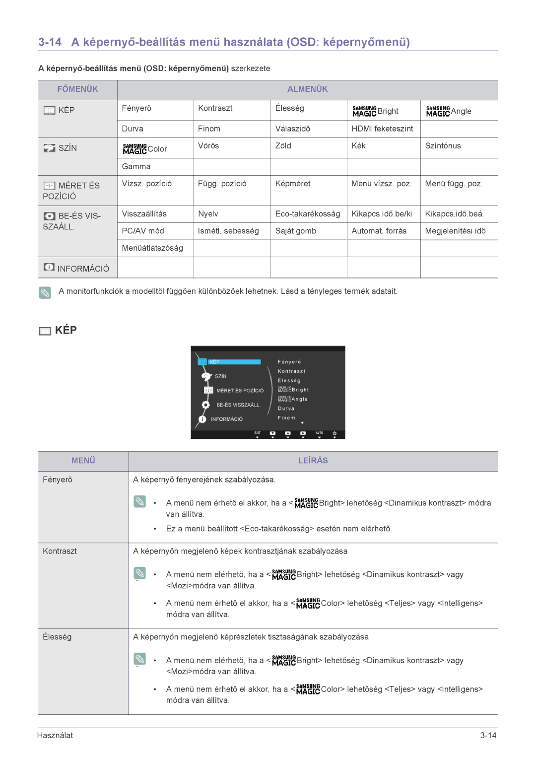 Samsung LS24B370HS/EN manual 14 a képernyő-beállítás menü használata OSD képernyőmenü, Főmenük Almenük, Menü Leírás 