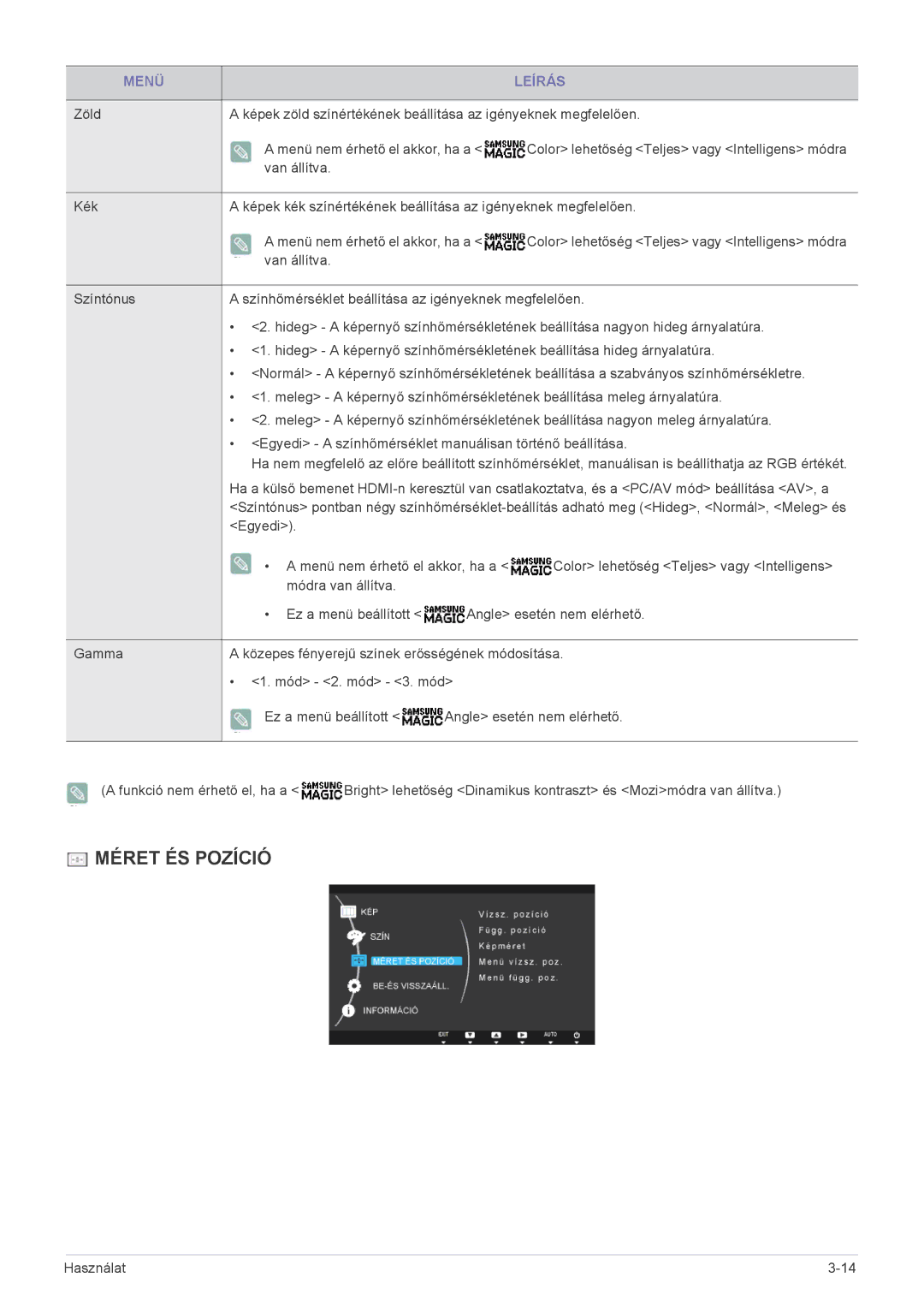 Samsung LS22B370BS/EN, LS27B370HS/EN, LS24B370HS/EN manual Méret ÉS Pozíció 