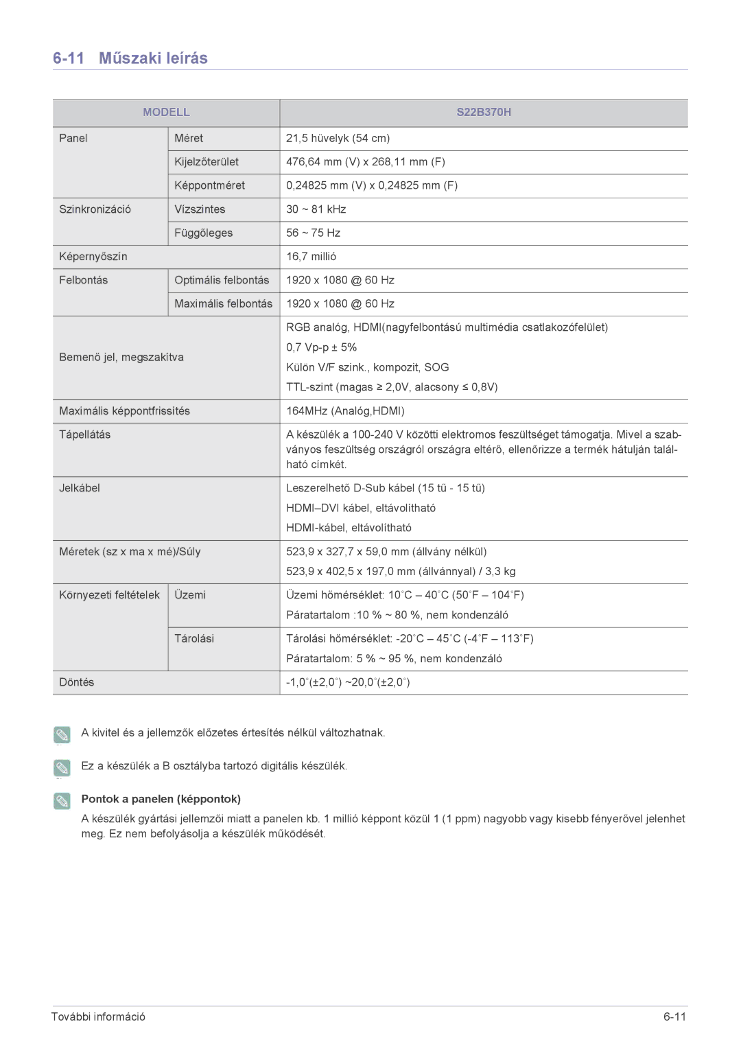 Samsung LS22B370BS/EN, LS27B370HS/EN, LS24B370HS/EN manual 11 Műszaki leírás, S22B370H 