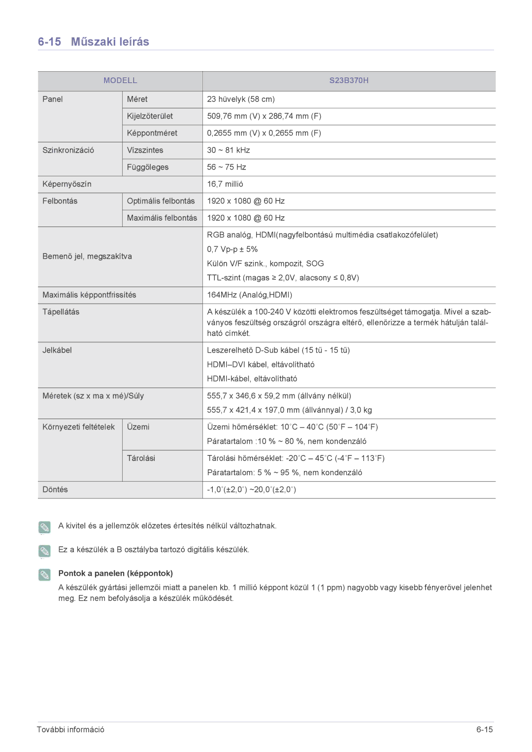 Samsung LS27B370HS/EN, LS24B370HS/EN, LS22B370BS/EN manual 15 Műszaki leírás, S23B370H 