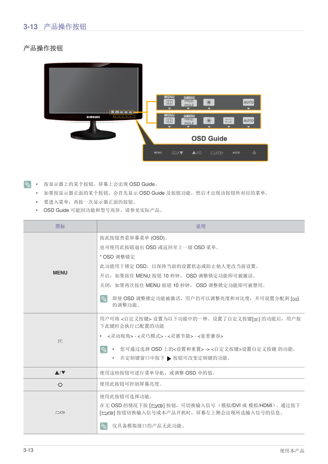 Samsung LS24B370HS/EN, LS27B370HS/EN, LS22B370BS/EN manual 13产品操作按钮 