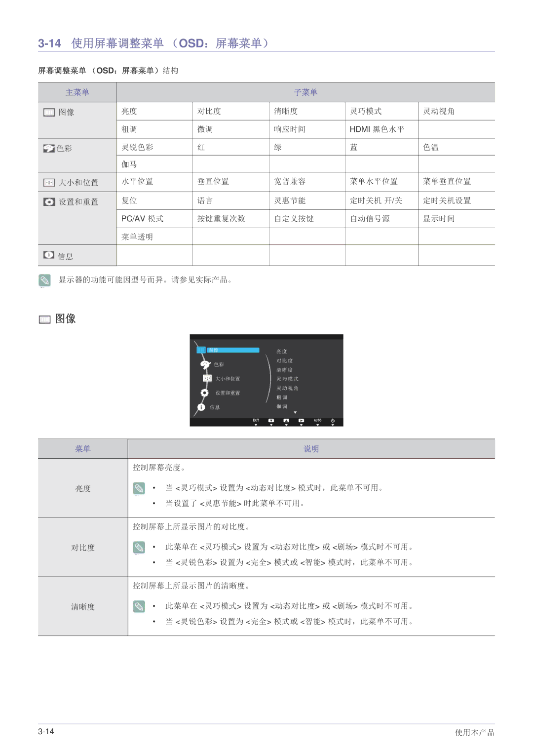 Samsung LS27B370HS/EN, LS24B370HS/EN, LS22B370BS/EN manual 14使用屏幕调整菜单 （OSD：屏幕菜单）, 主菜单 子菜单 