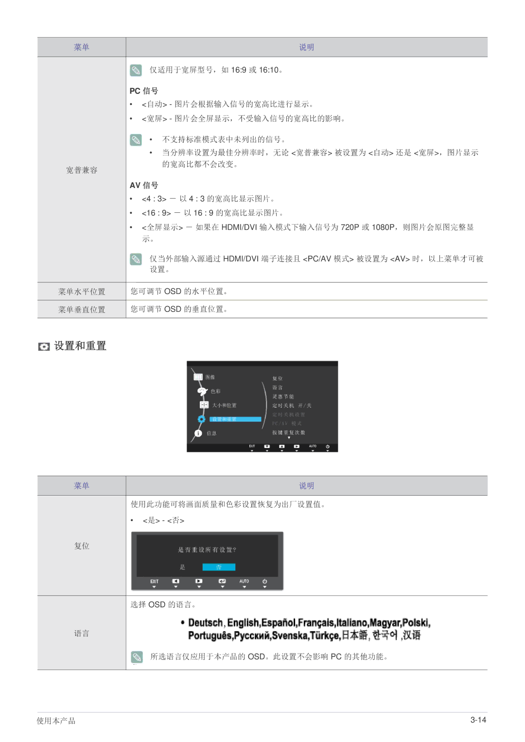 Samsung LS22B370BS/EN, LS27B370HS/EN, LS24B370HS/EN manual 设置和重置, Pc 信号 