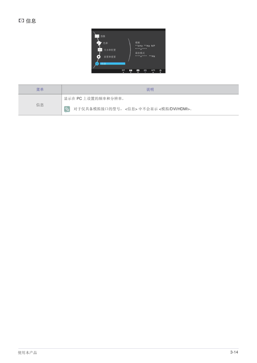Samsung LS24B370HS/EN, LS27B370HS/EN, LS22B370BS/EN manual 显示在 Pc 上设置的频率和分辨率。 对于仅具备模拟接口的型号， 信息 中不会显示 模拟/Dvi/Hdmi。 使用本产品 