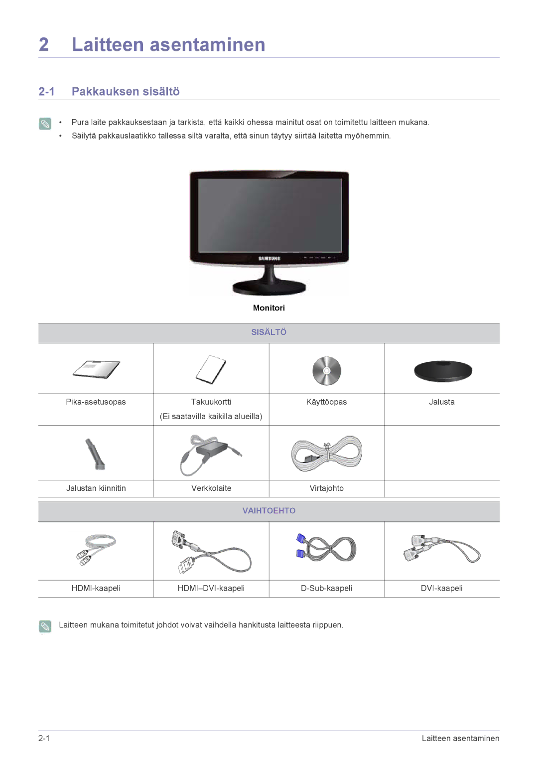 Samsung LS24B370HS/EN, LS27B370HS/EN manual Pakkauksen sisältö, Sisältö, Vaihtoehto 