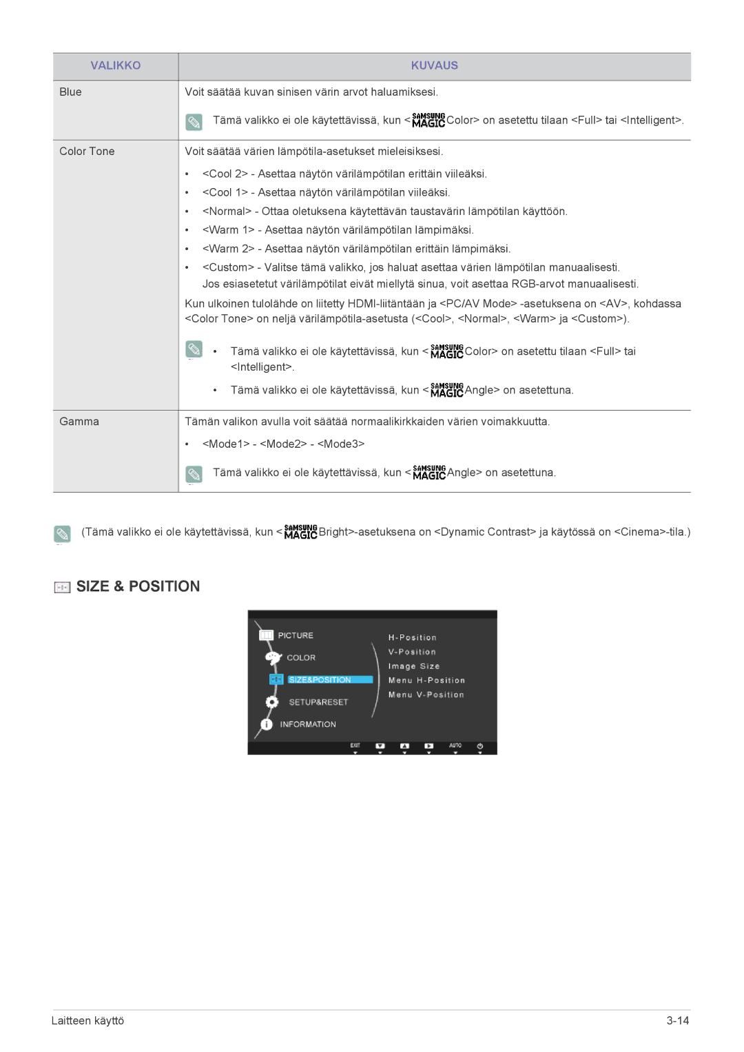 Samsung LS27B370HS/EN, LS24B370HS/EN manual Size & Position 