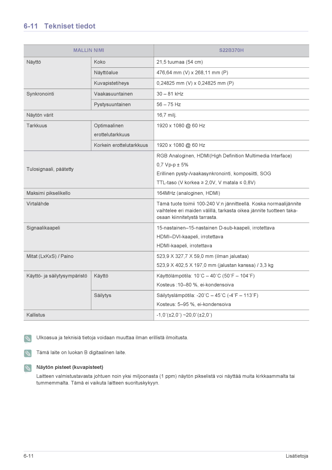 Samsung LS24B370HS/EN, LS27B370HS/EN manual S22B370H 