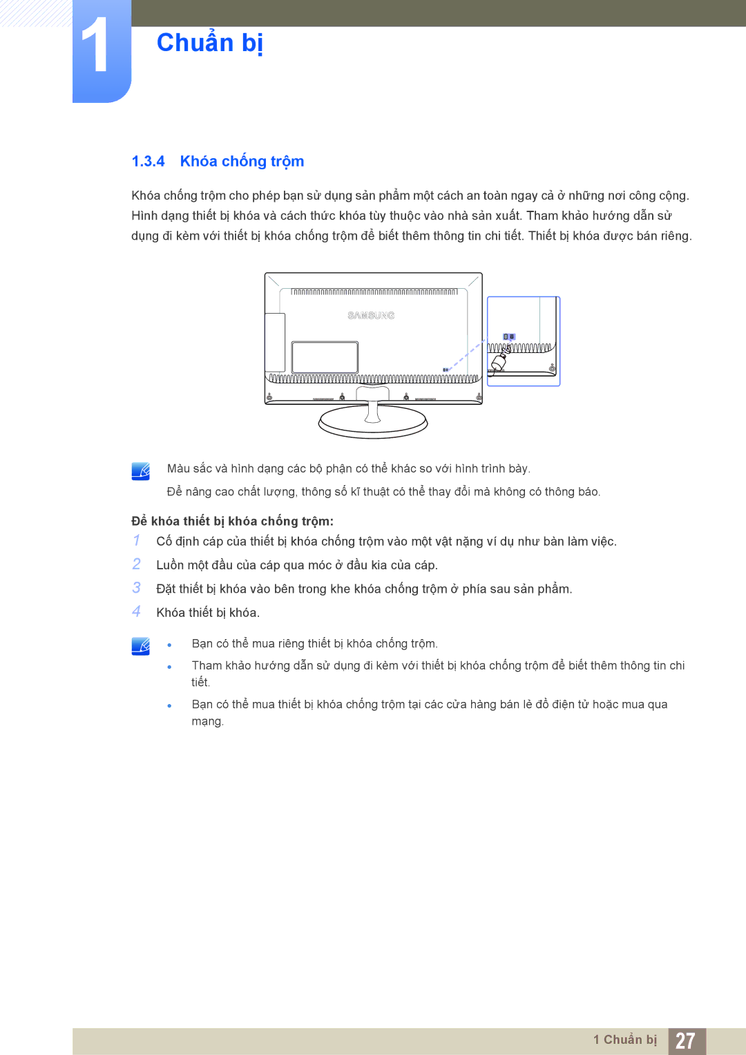 Samsung LS23B550VS/XV, LS27B550VSA/KR manual 4 Khóa chống trộm, Để khóa thiết bị khóa chống trộm 