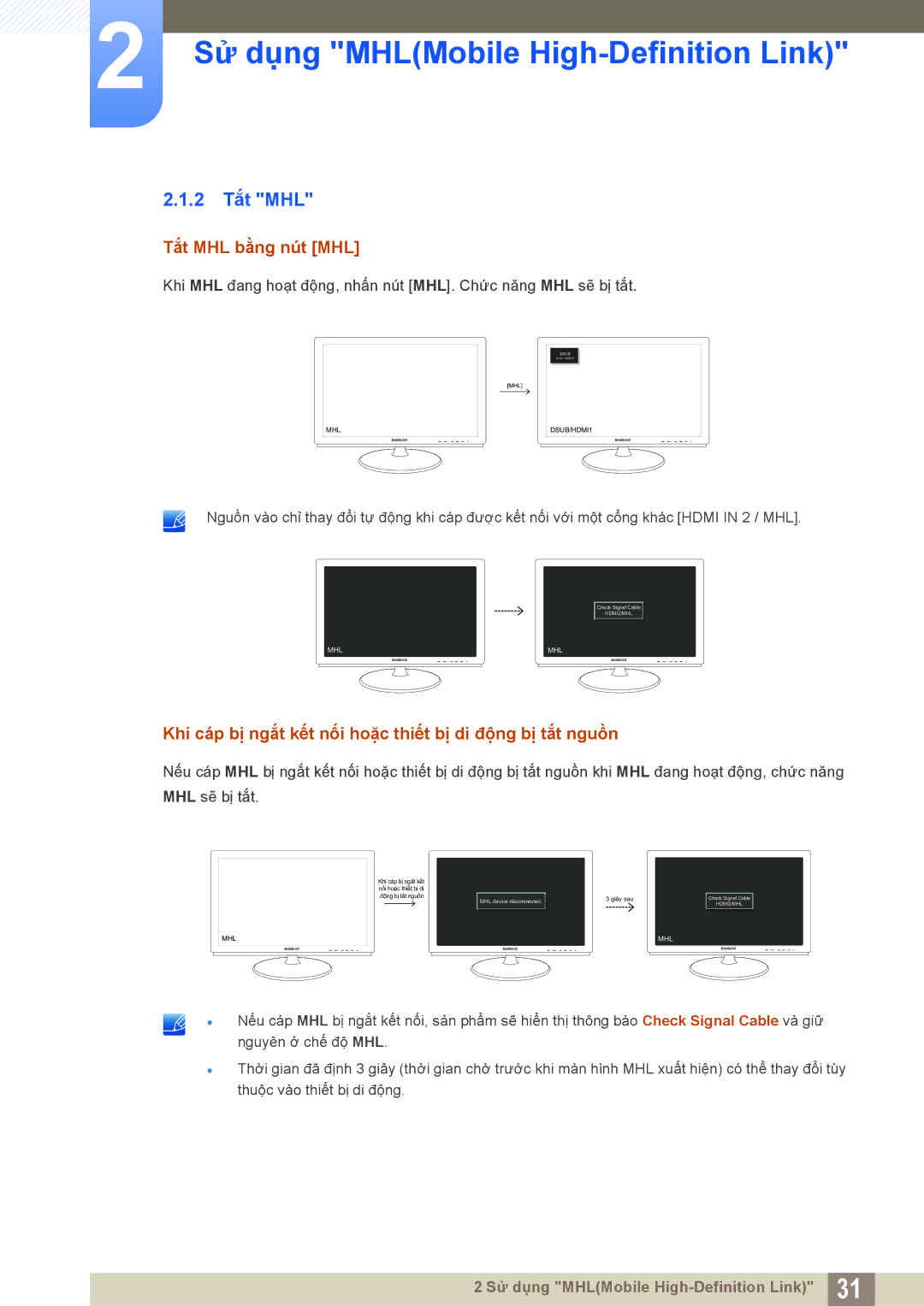 Samsung LS23B550VS/XV, LS27B550VSA/KR manual 2 Tắt MHL, Tắt MHL bằng nút MHL 