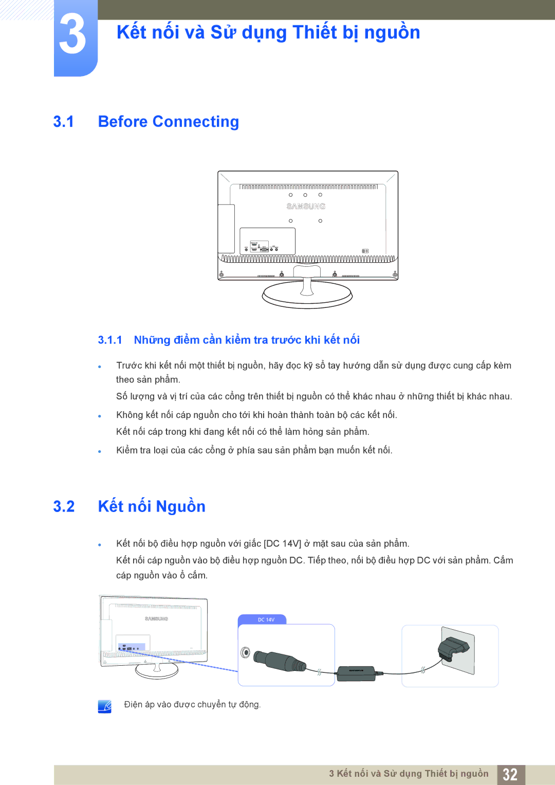 Samsung LS27B550VSA/KR, LS23B550VS/XV manual Kết nối và Sử dụng Thiết bị nguồn, Before Connecting, Kết nối Nguồn 