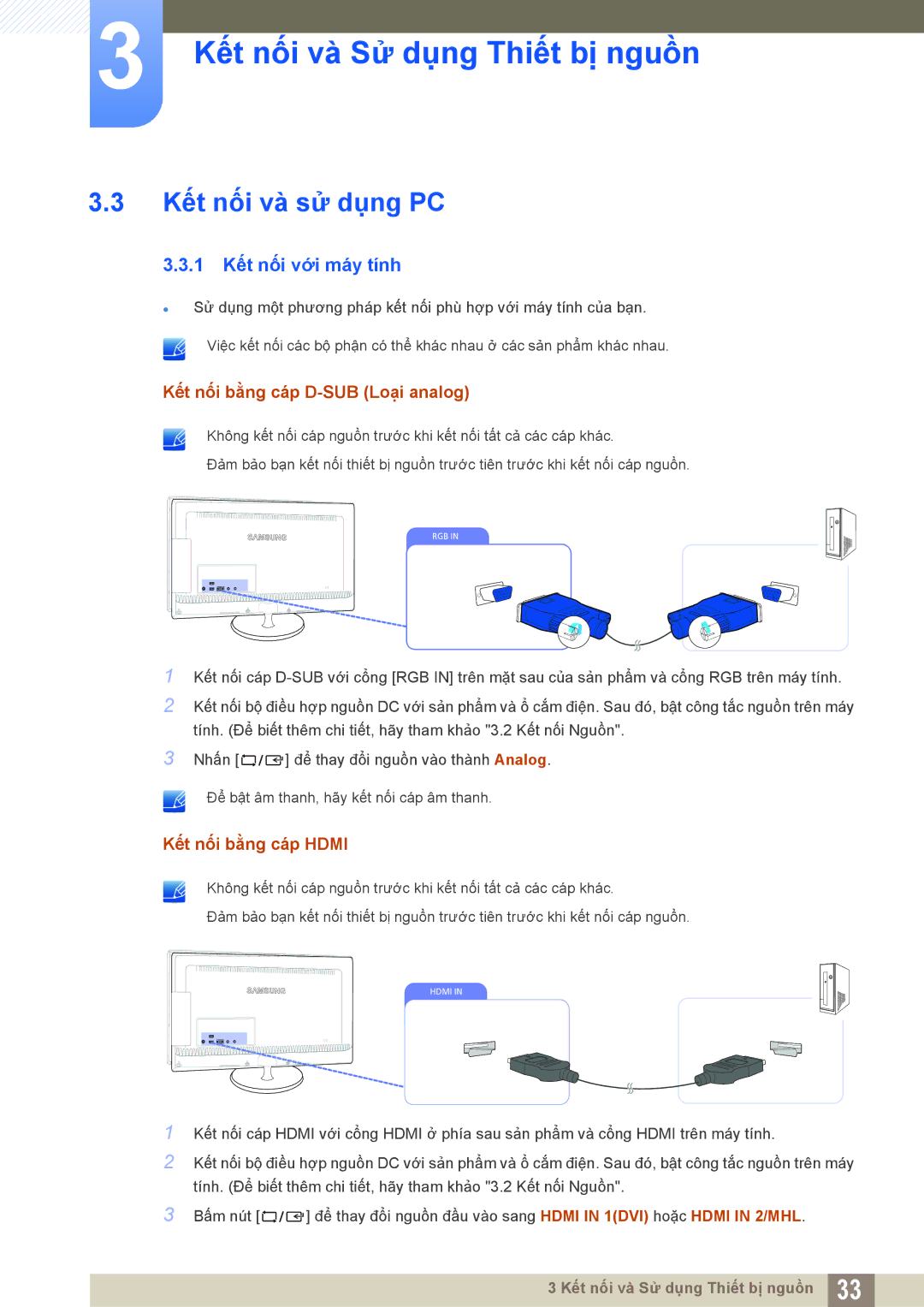 Samsung LS23B550VS/XV, LS27B550VSA/KR manual Kết nối và sử dụng PC, 1 Kết nối với máy tính 