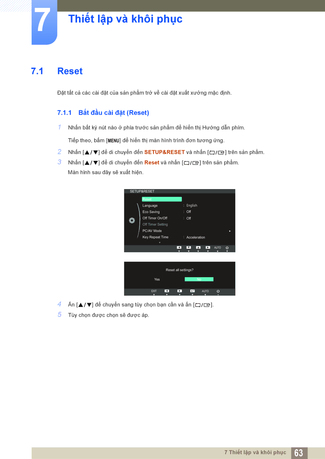 Samsung LS23B550VS/XV, LS27B550VSA/KR manual Thiết lập và khôi phục, 1 Bắt đầu cài đặt Reset 