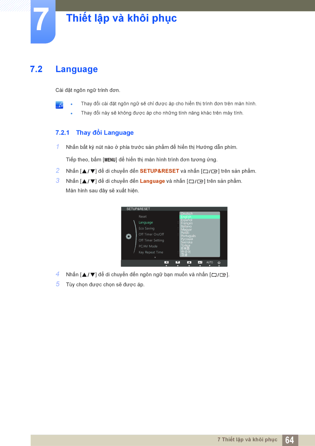 Samsung LS27B550VSA/KR, LS23B550VS/XV manual Thay đổi Language 