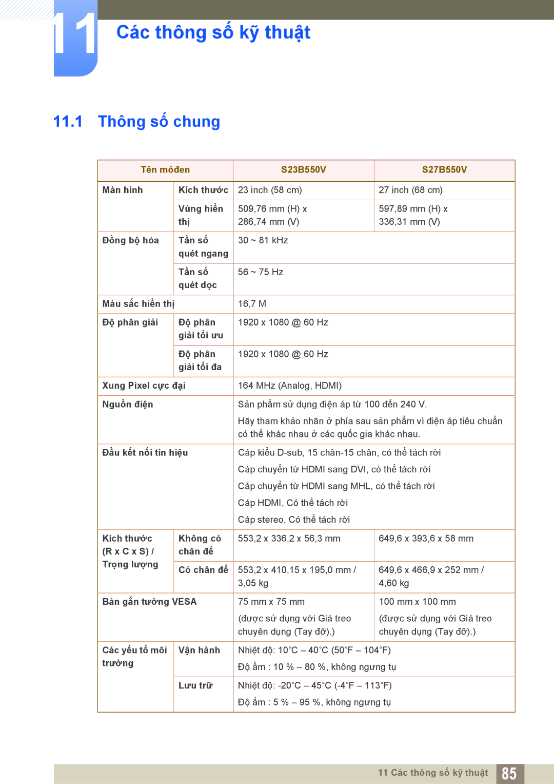 Samsung LS23B550VS/XV, LS27B550VSA/KR manual 11 Các thông số kỹ thuật, 11.1 Thông số chung 