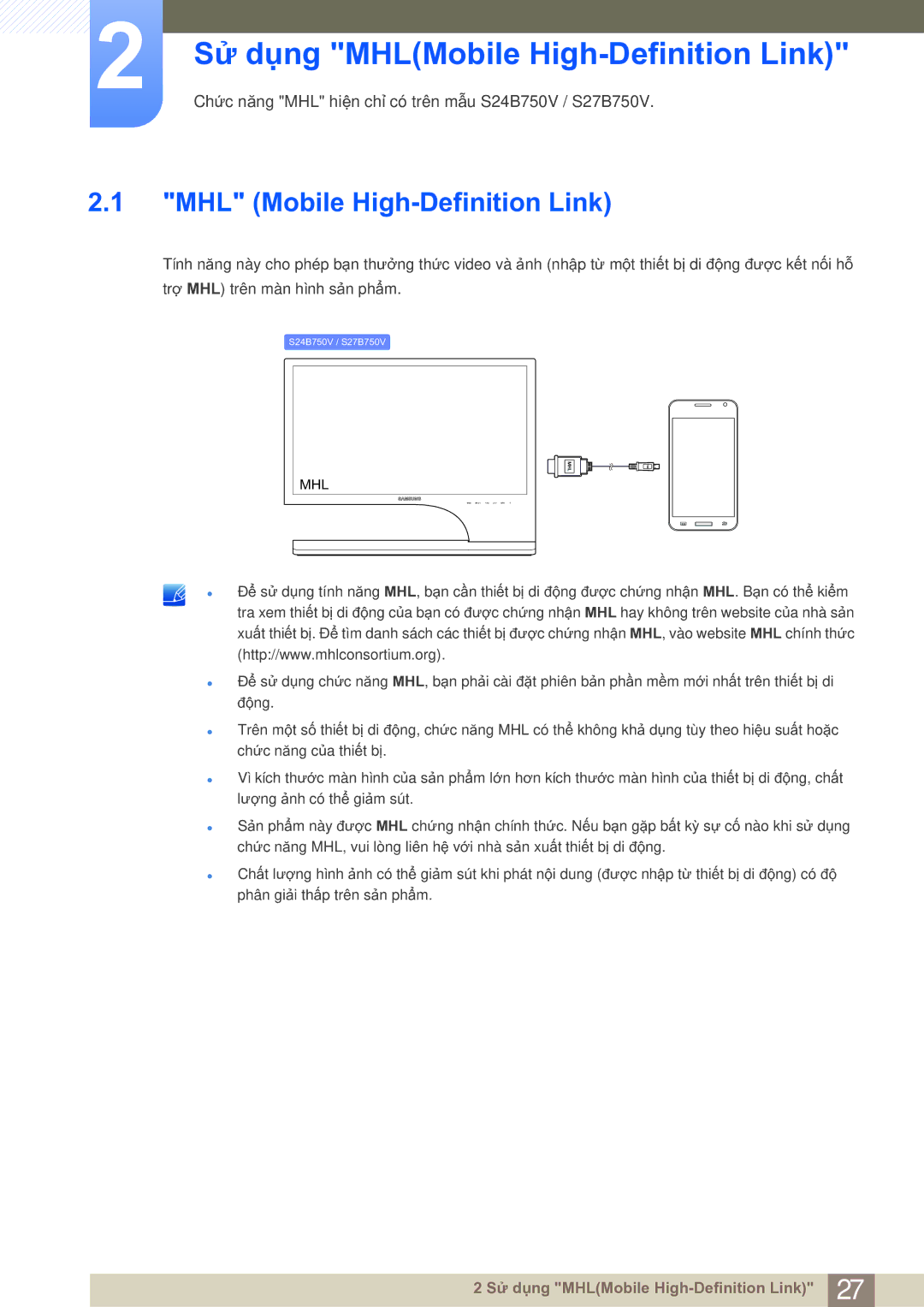 Samsung LS27B750VS/EN manual Sử dụng MHLMobile High-Definition Link, MHL Mobile High-Definition Link 