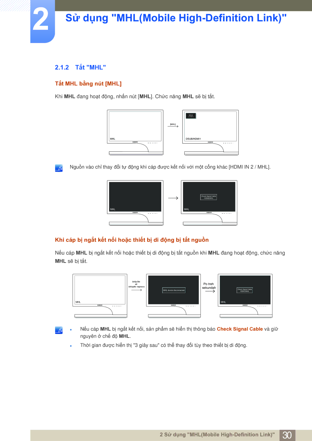 Samsung LS27B750VS/EN manual 2 Tắt MHL, Tắt MHL bằng nút MHL 