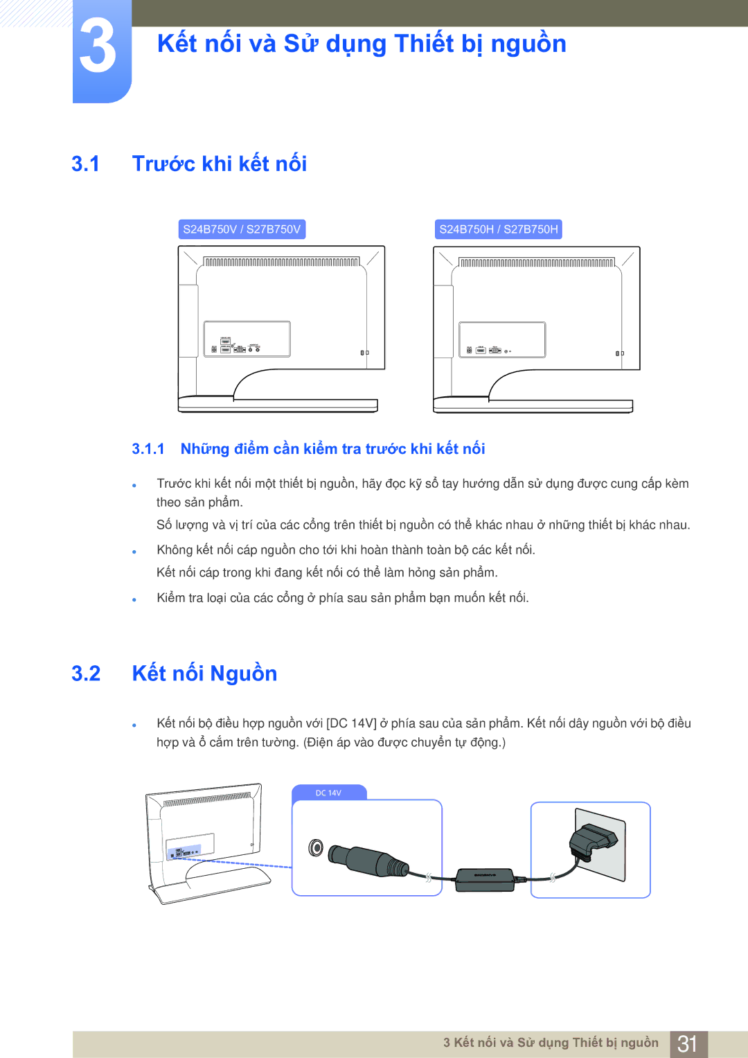 Samsung LS27B750VS/EN manual Kết nối và Sử dụng Thiết bị nguồn, Trước khi kết nối, Kết nối Nguồn 