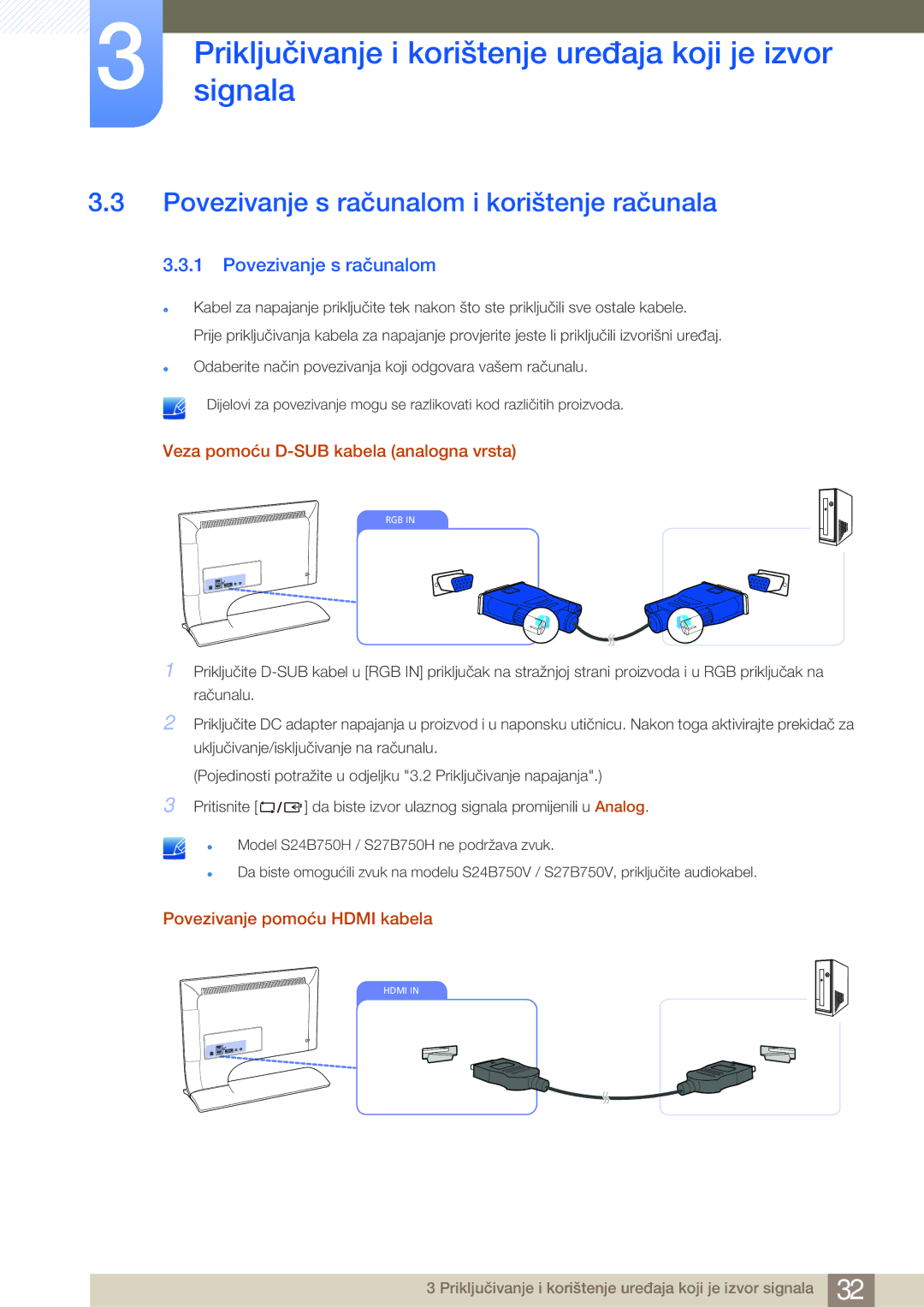 Samsung LS27B750VS/EN manual Povezivanje s računalom i korištenje računala 