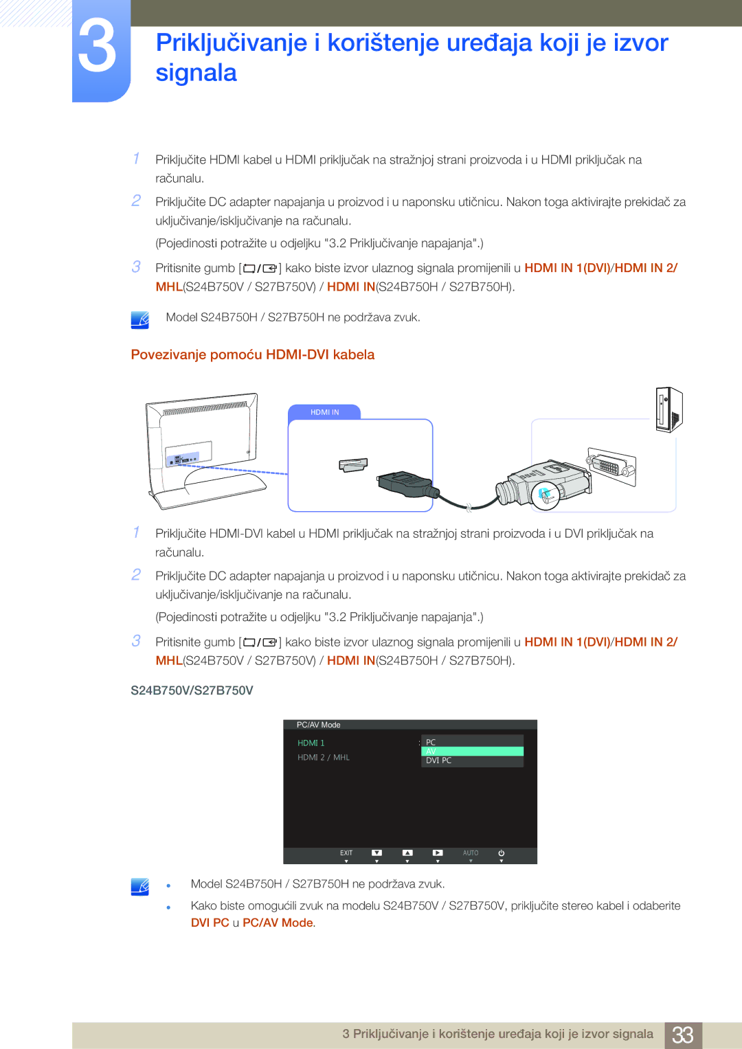 Samsung LS27B750VS/EN manual Povezivanje pomoću HDMI-DVI kabela 