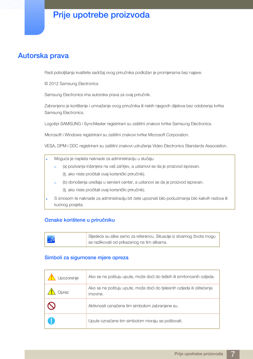 Samsung LS27B750VS/EN manual Prije upotrebe proizvoda, Autorska prava, Oznake korištene u priručniku 