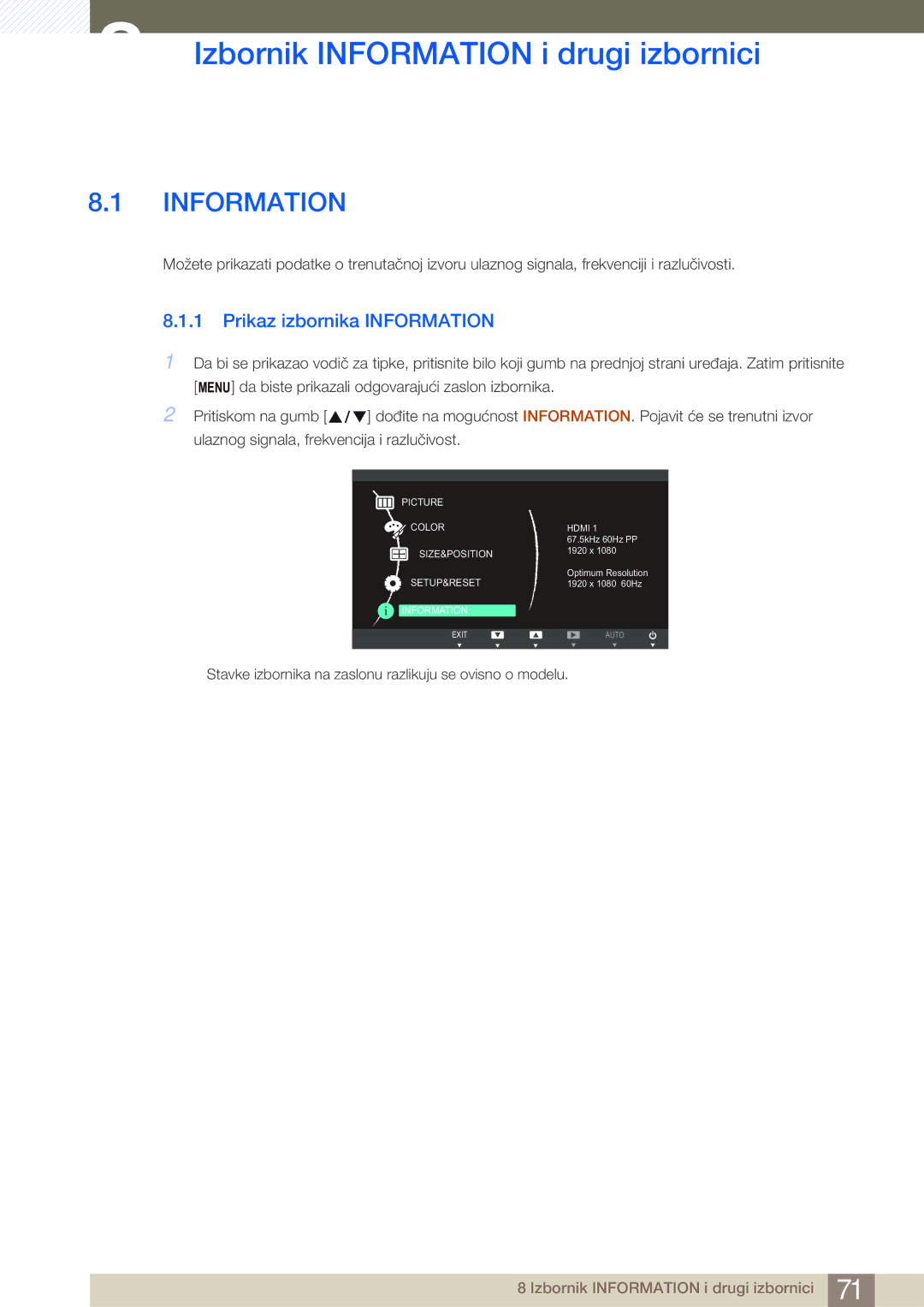 Samsung LS27B750VS/EN manual Izbornik Information i drugi izbornici, Prikaz izbornika Information 