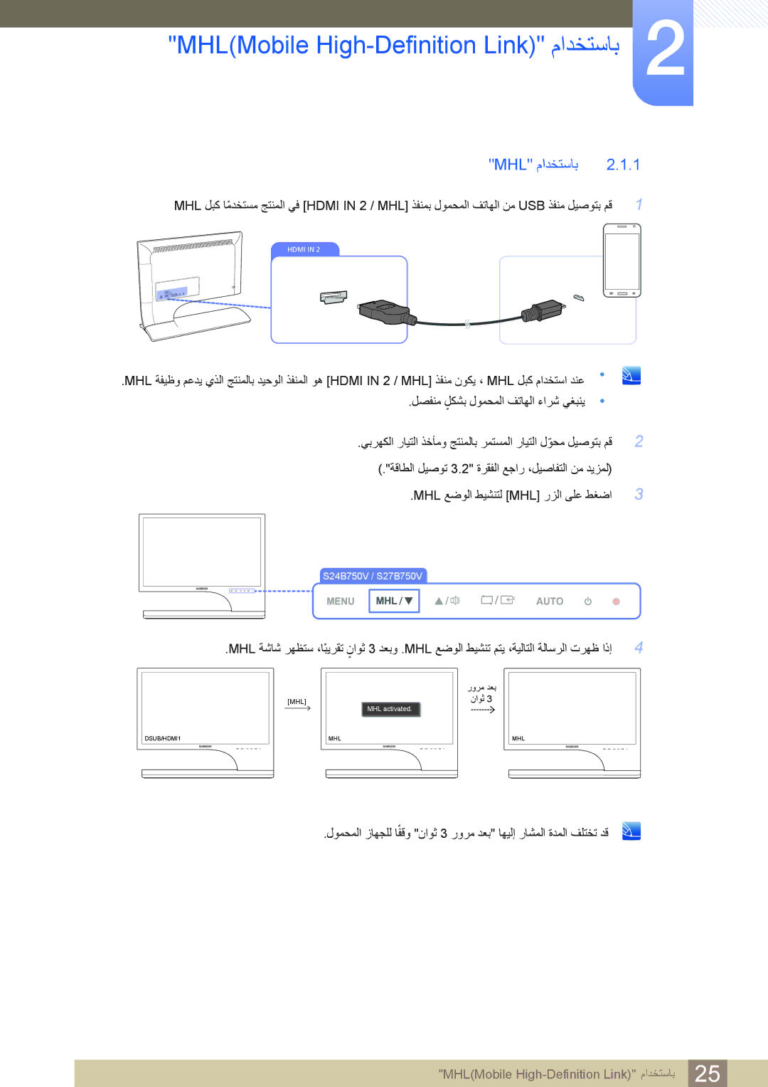 Samsung LS27B750VS/NG, LS27B750VS/ZR, LS24B750VS/NG, LS24B750VS/ZR manual Mhl ﻡﺍﺪﺨﺘﺳﺎﺑ 