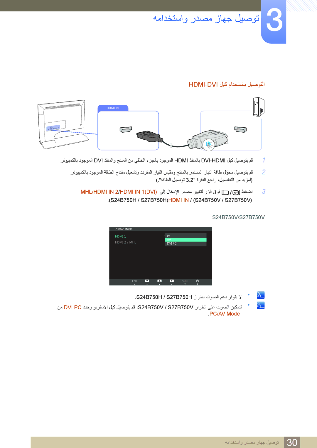 Samsung LS24B750VS/NG, LS27B750VS/ZR, LS27B750VS/NG, LS24B750VS/ZR manual Hdmi-Dvi ﻞﺒﻛ ﻡﺍﺪﺨﺘﺳﺎﺑ ﻞﻴﺻﻮﺘﻟﺍ 