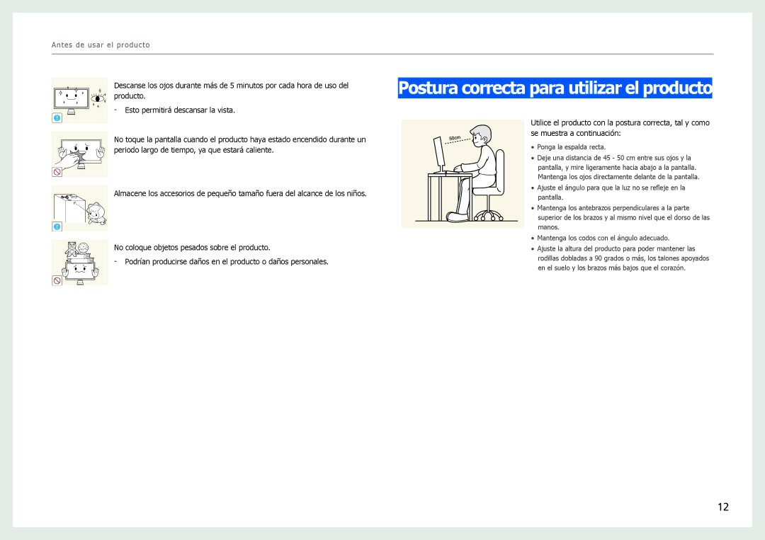 Samsung LS27B970DS/EN manual Postura correcta para utilizar el producto 