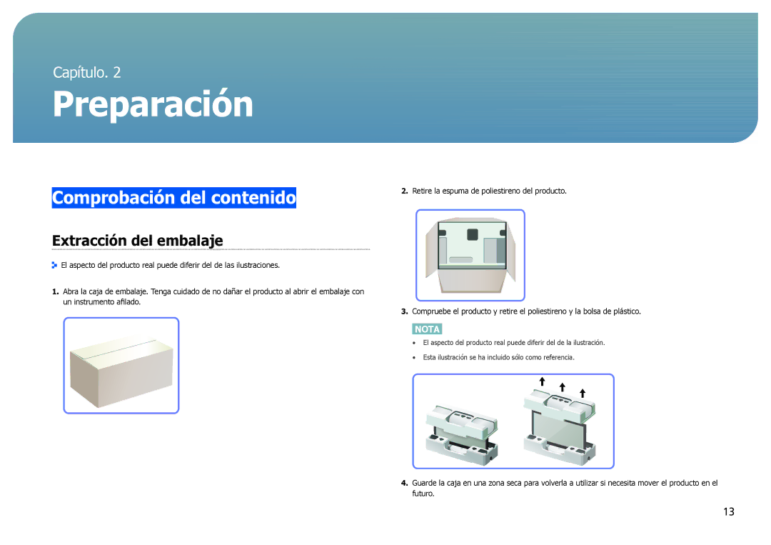 Samsung LS27B970DS/EN manual Preparación, Comprobación del contenido, Extracción del embalaje 