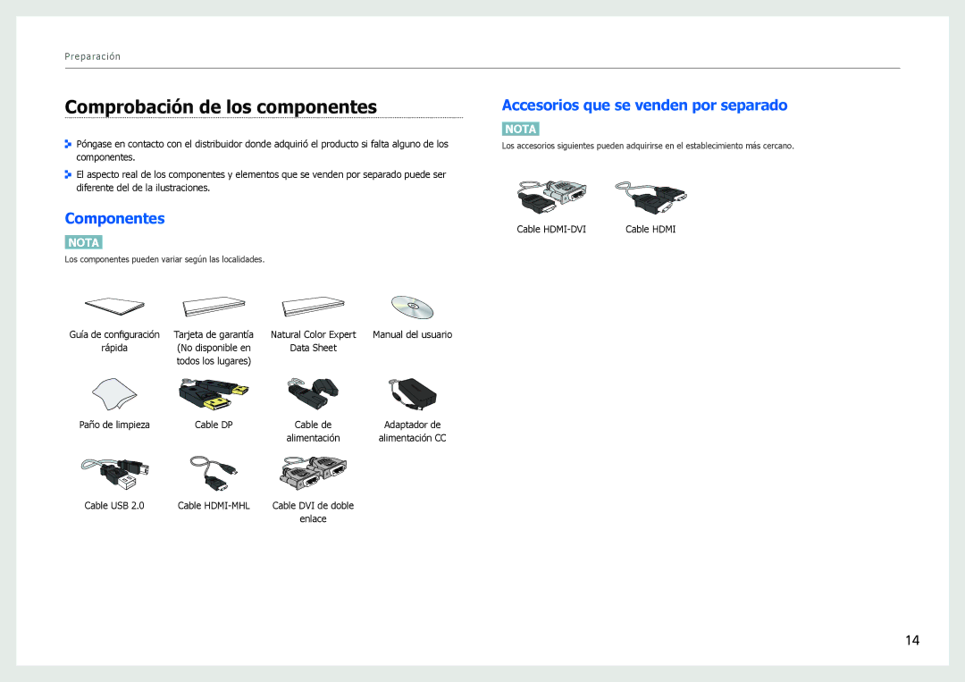 Samsung LS27B970DS/EN manual Comprobación de los componentes, Componentes, Accesorios que se venden por separado 