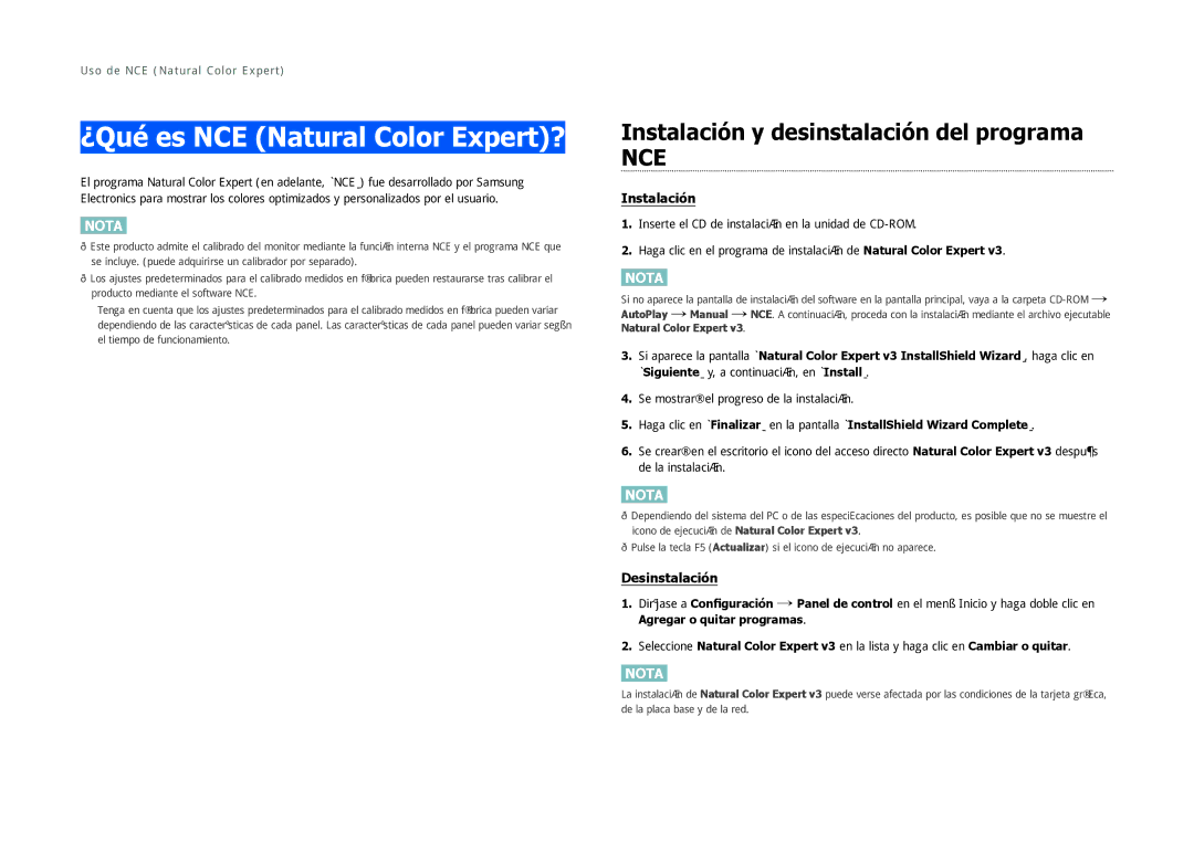 Samsung LS27B970DS/EN manual ¿Qué es NCE Natural Color Expert?, Instalación y desinstalación del programa 