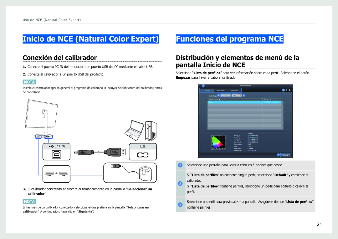 Samsung LS27B970DS/EN manual Inicio de NCE Natural Color Expert, Funciones del programa NCE, Conexión del calibrador 
