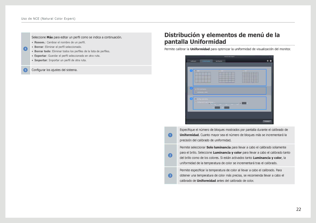 Samsung LS27B970DS/EN manual Distribución y elementos de menú de la pantalla Uniformidad 